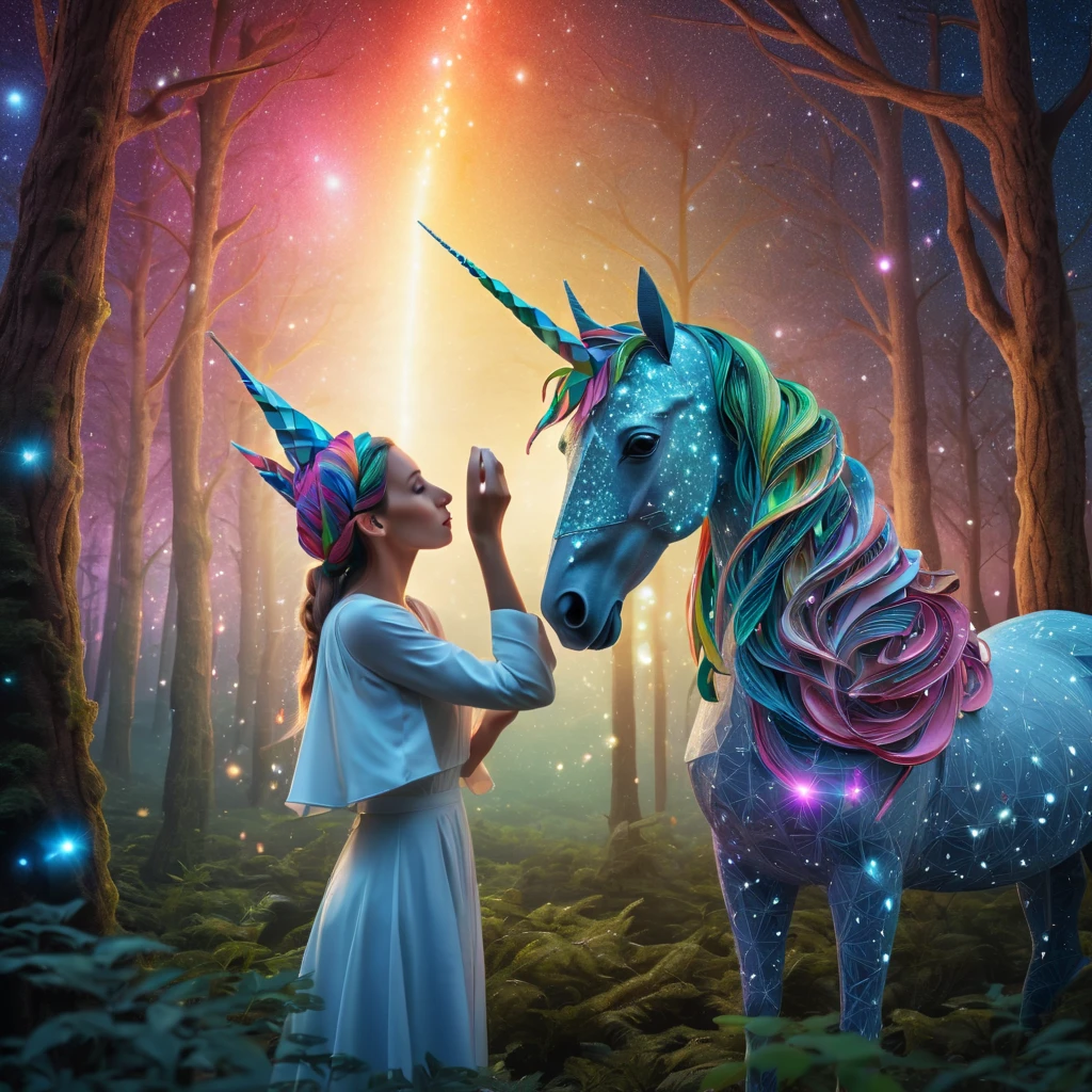 stunning "(elf:1.1),( woman:1.1)" and her "ponytailed (iluminated unicorn:1.2)", elf hears, zentangle sky, origami forest, starry sky, sparkles in the sky, speed up, raimbow, fantasy, 3d crunch, cinematic, in the forest,