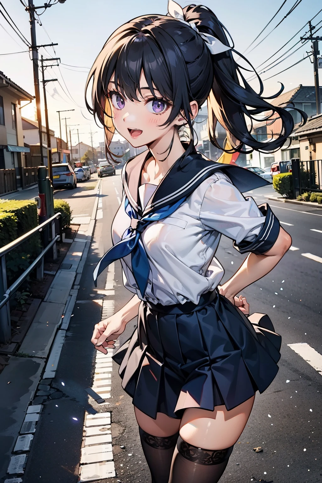 body 8 times longer than head, (Highly detailed CG unity 8k), （highest quality），（very detailed），（ultra high resolution）, black hair, navy blue sailor uniform, Dark blue skirt, navy blue sailor uniformを着た女子高生, Anime 2D rendering, realistic young anime high school girl, （White headband）, purple eyes, small breasts, tall, slanted eyes, school scenery, black stockings, bright color, open your mouth a little, ponytail, Tie your hair with a white ribbon, sprinting at full speed, 揺れるponytail, Tripping and falling, shy smile, 