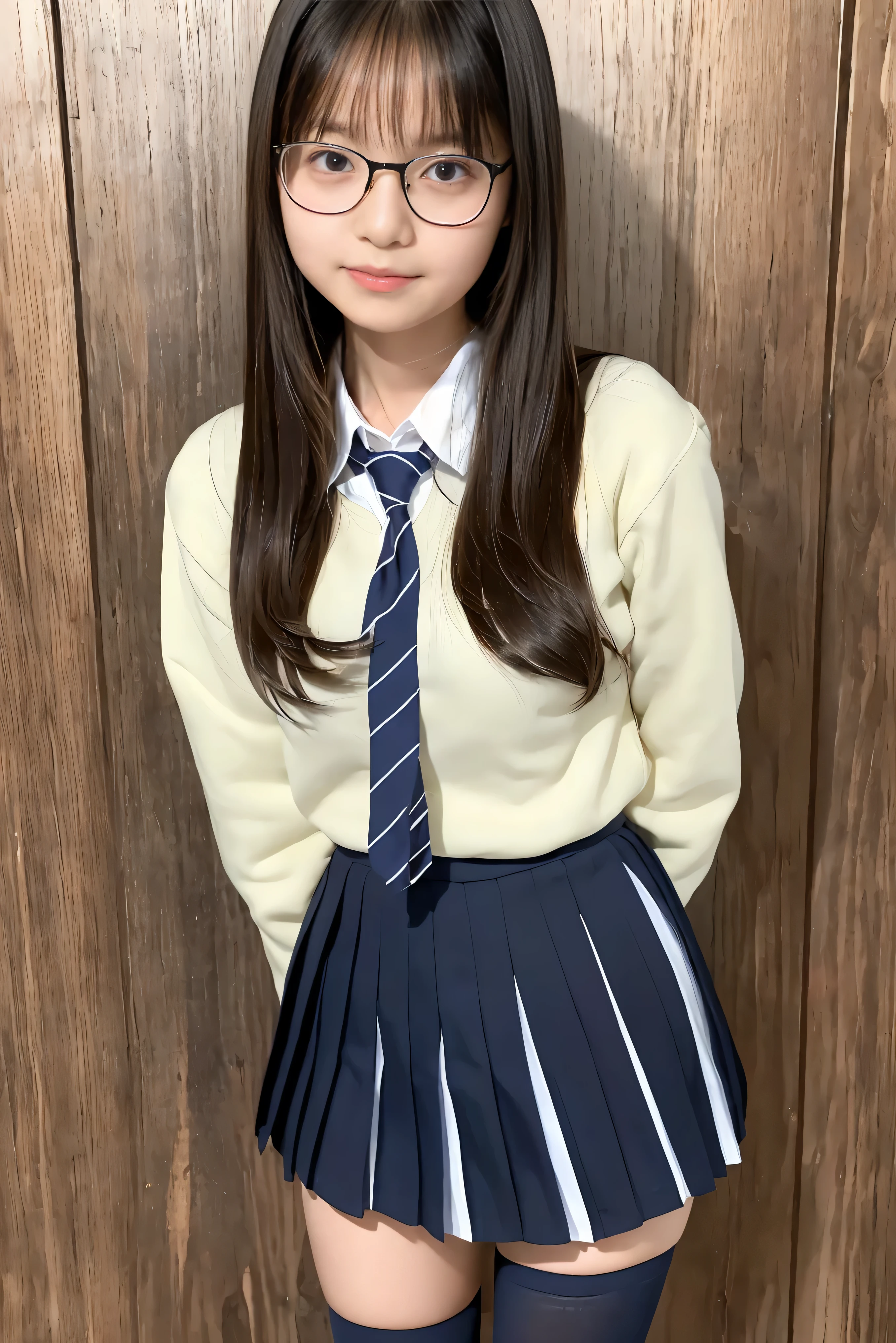 (Best Quality,4K,High resolution:1.2), Ultra-detailed, Realistic portrait, Best Quality, (outside japanese high school), (passionate scene),one very young looking high school girl, (intense emotion), (innocent look, school uniform, large round black rimmed glasses), ((stockings, cute face, standing, full body)), (perfect long legs, high waist mini pleated skirt, tight shirt)