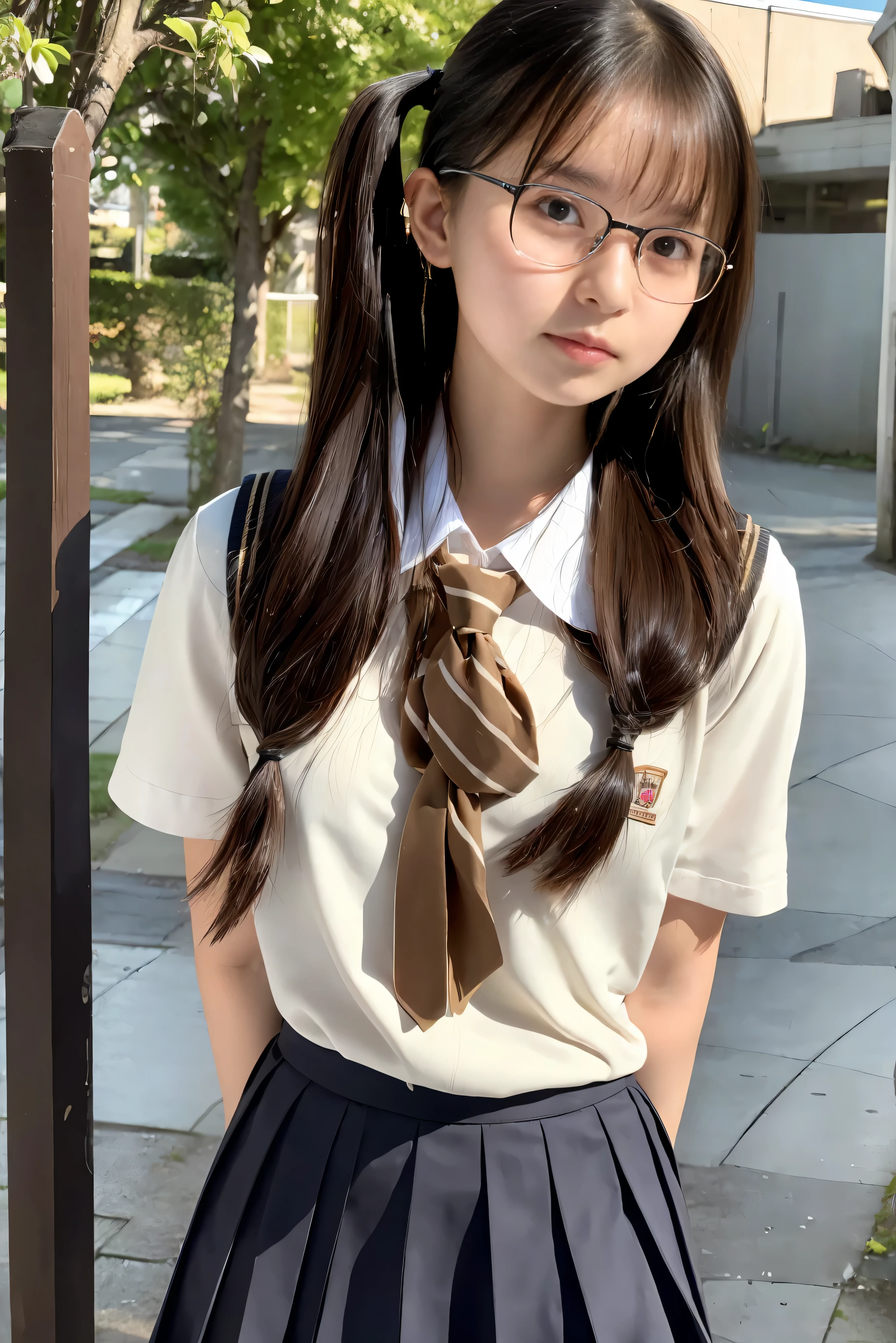 (Best Quality,4K,High resolution:1.2), Ultra-detailed, Realistic portrait, Best Quality, (outside japanese high school), (passionate scene),one very young looking high school girl, (intense emotion), (innocent look, school uniform, large round black rimmed glasses), ((stockings, cute face, standing, full body)), (perfect long legs, high waist mini pleated skirt, tight shirt), large brown eyes, long black hair, pigtails