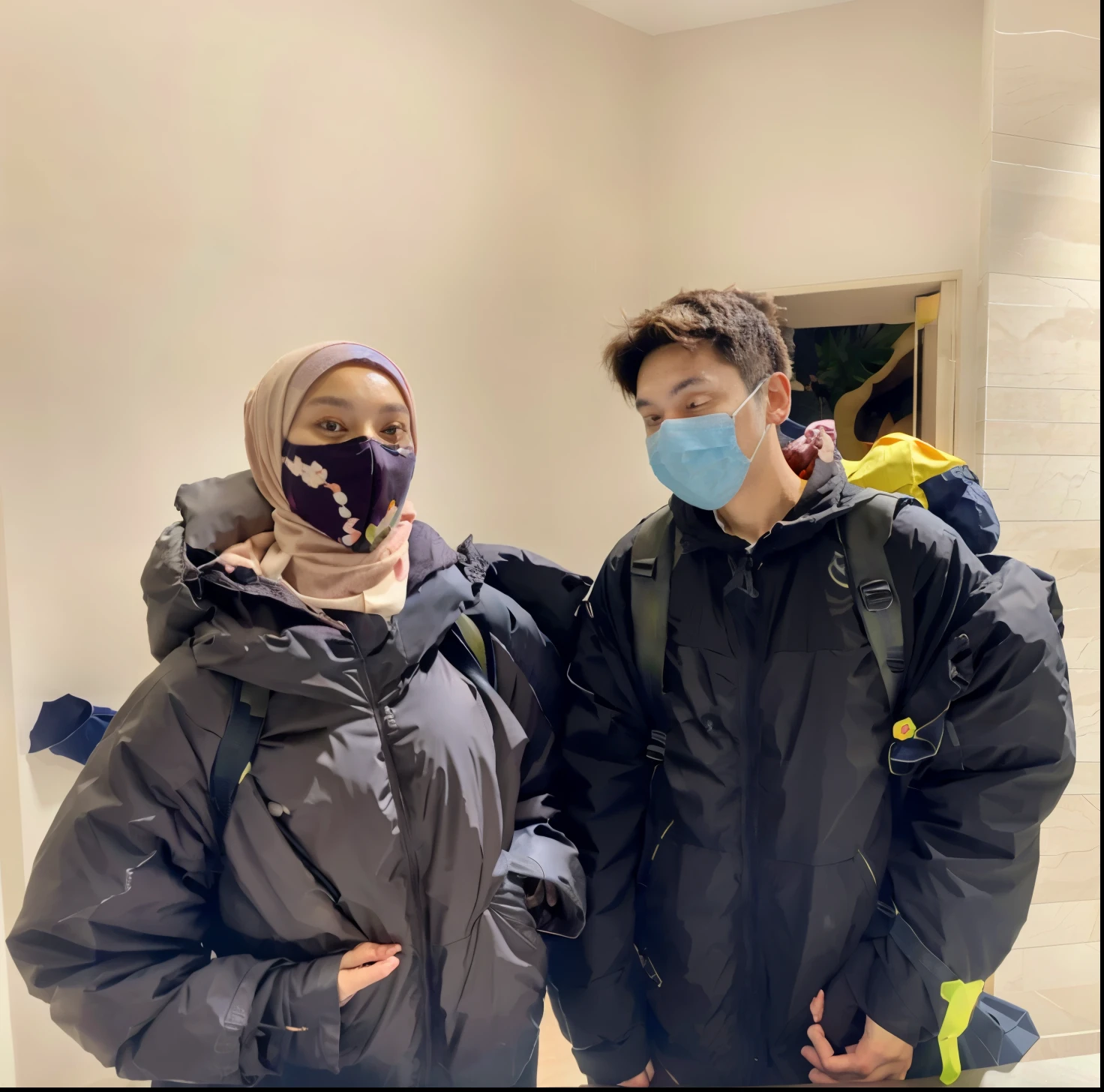 Boy and girl,a couple of people wearing masks standing next to each other, wearing mask, high quality, wearing facemask, hijab, couple,face covered, surgical mask covering mouth, no mask, Real people, realistic,super hd, super super realistis