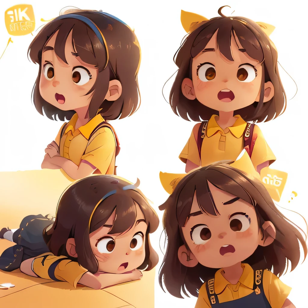 ((character design sheet, same character, front, side, back)), illustration, illustration, landscape, landscape, close-up, perfect quality, has clear focus (master piece: 1.2), different expressions (1.3), panicking, surprised, various expressions, happy, sad, angry, open mouth, shut up, disappointed 1, cute eyes, anthropomorphic styles, lying face down on the floor, a small 6 year old girl, full body, light skin, dark brown eyes, (( neck-length brown hair)), ((she is wearing a delicate dark blue dress with no prints underneath the yellow polo shirt dress)), red shoes, yellow socks and a red backpack, she is happy, adventurous, (Bokeh) (better quality) (detailed skin: 1.3) (intricate details) (8k) (eye detail) (sharp focus), white background, no background.