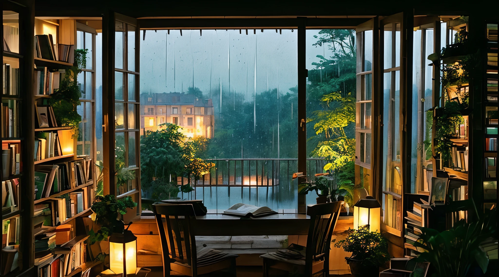 A very close-up shot of a large window full of plants and books is、Overlooking breathtaking and beautiful natural landscapes, at night, (Rain)、terrace outside the window、Chair、Stacked Books