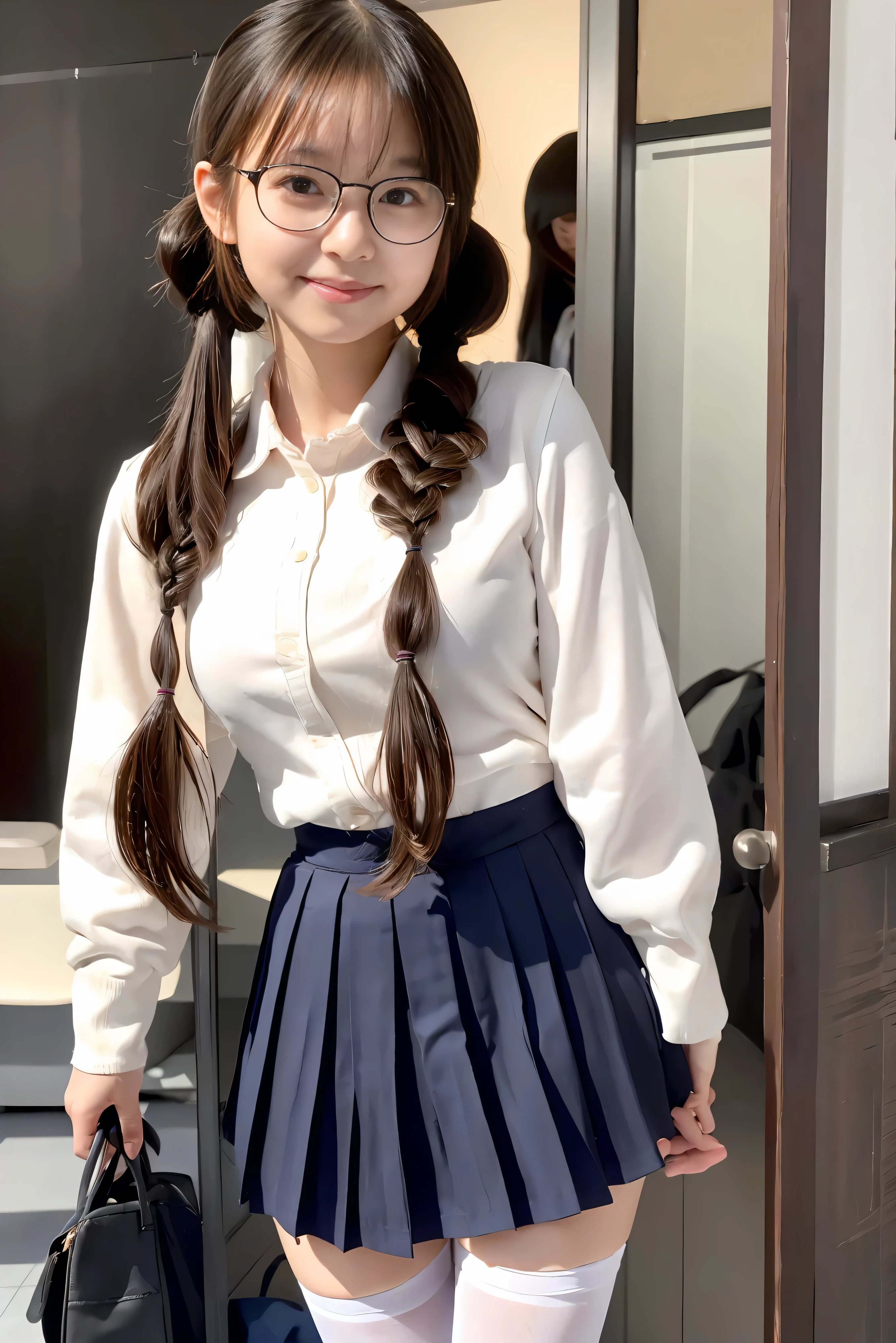 (Best Quality,4K,High resolution:1.2), Ultra-detailed, Realistic portrait, Best Quality, (outside japanese high school), (passionate scene),one very young looking high school girl, (intense emotion), (innocent look, school uniform, large round black rimmed glasses), ((stockings, cute face, standing, full body)), (perfect long legs, high waist mini pleated skirt, tight shirt), large brown eyes, long black hair, pigtails, cute smile, rose cheeks