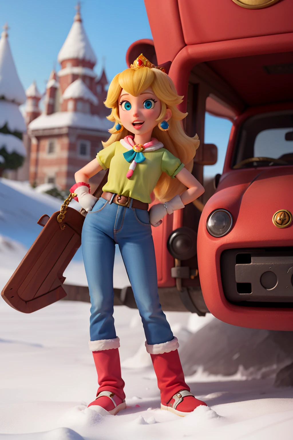 princess peach,con pantalones de cuero,en la nieve,