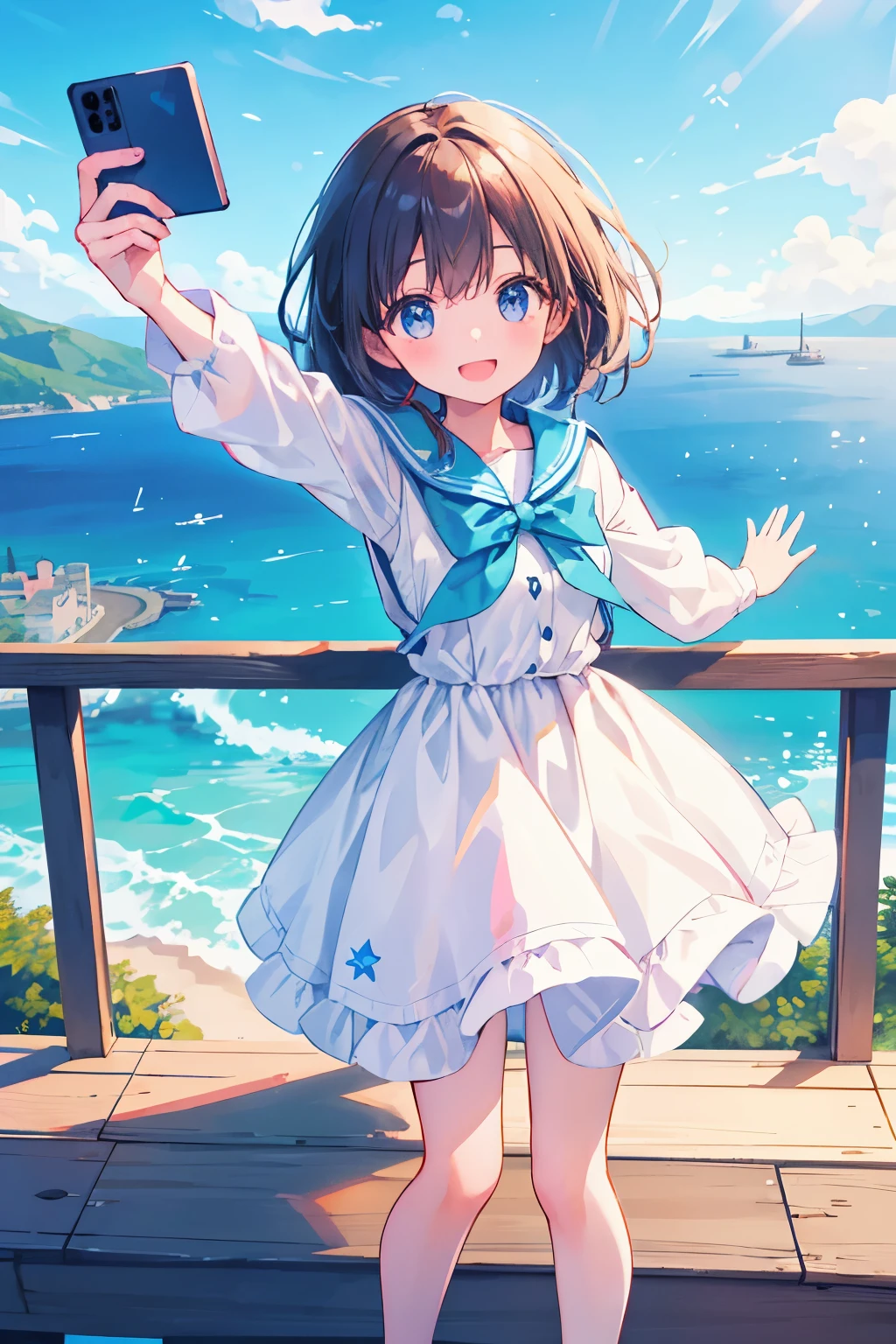Girl taking a selfie at the observation deck on top of the mountain、You can see the sea and town in the distance、big smile