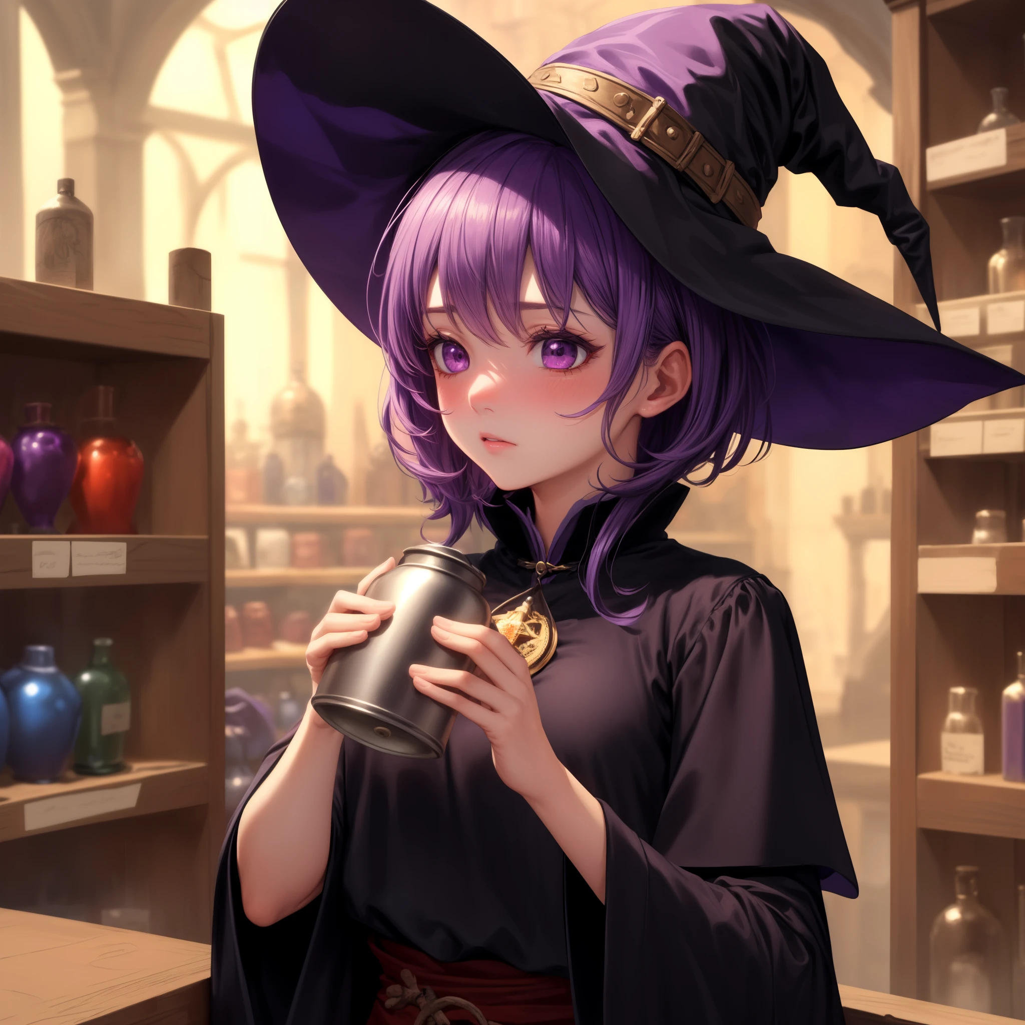 (best quality:1.1), (masterpiece:1.2), (solo), ((only upper body)), (purple eyes), (short purple hair), ((black witch clothes, witch hat)), (blushed), holding a flask, ((medieval shop interior background))