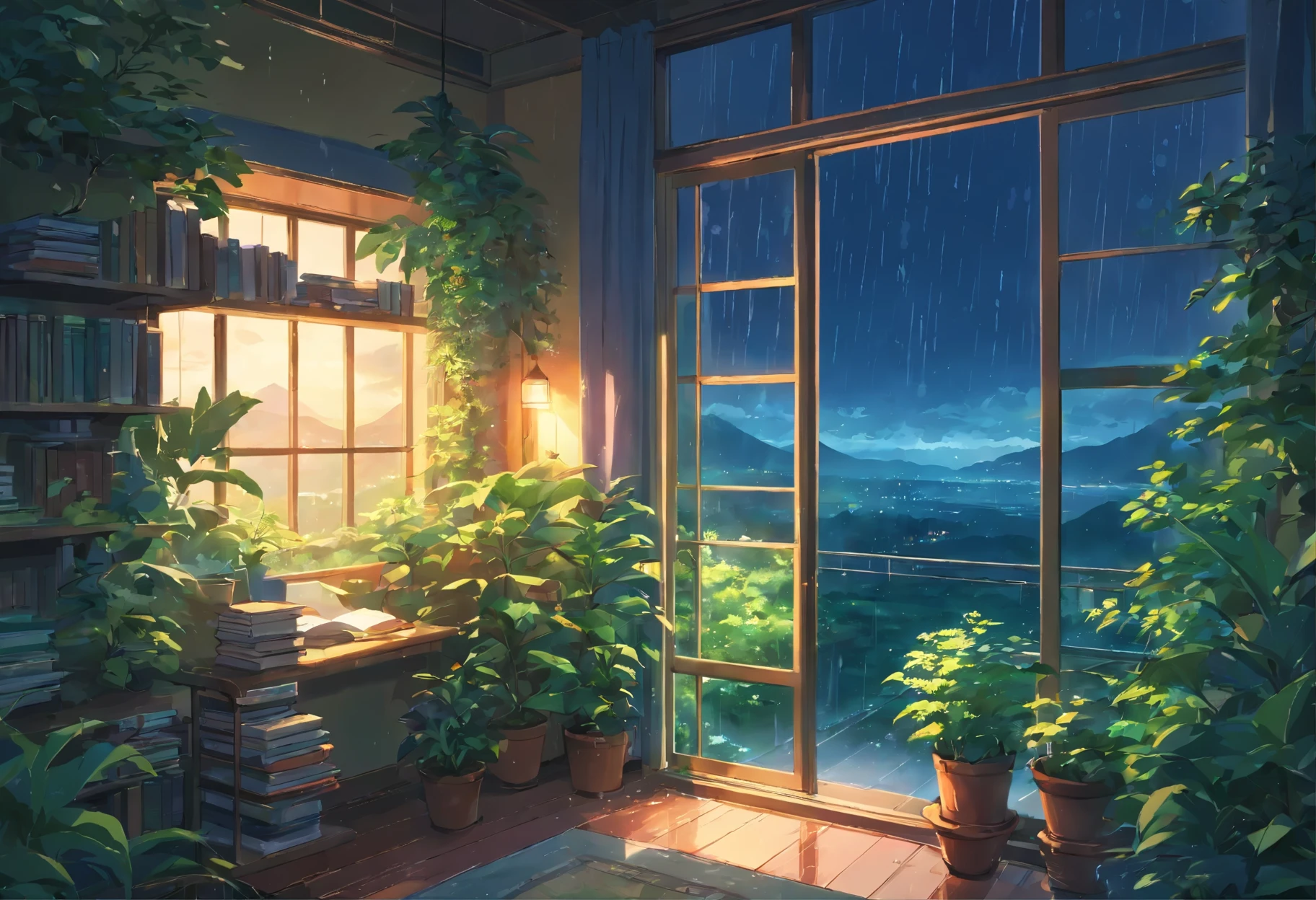 A very close-up shot of a large window full of plants and books is、Overlooking breathtaking and beautiful natural landscapes, at night, (Rain)