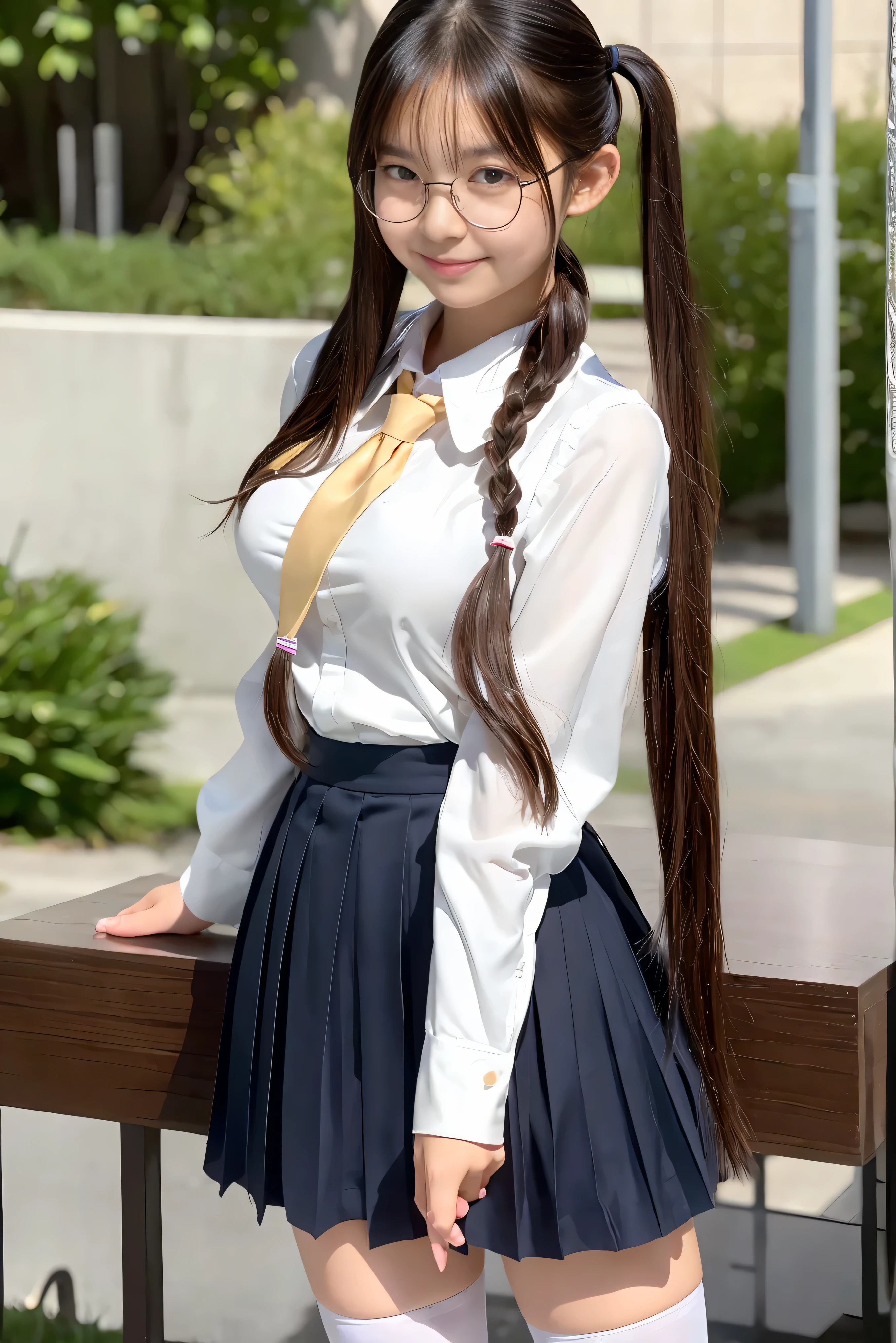 (Best Quality,4K,High resolution:1.2), Ultra-detailed, Realistic portrait, Best Quality, (outside japanese high school), (passionate scene),one very young looking high school girl, (intense emotion), (innocent look, school uniform, large round black rimmed glasses), ((stockings, cute face, standing, full body)), (perfect long legs, high waist mini pleated skirt, tight shirt), large brown eyes, long black hair, pigtails, cute smile, rose cheeks