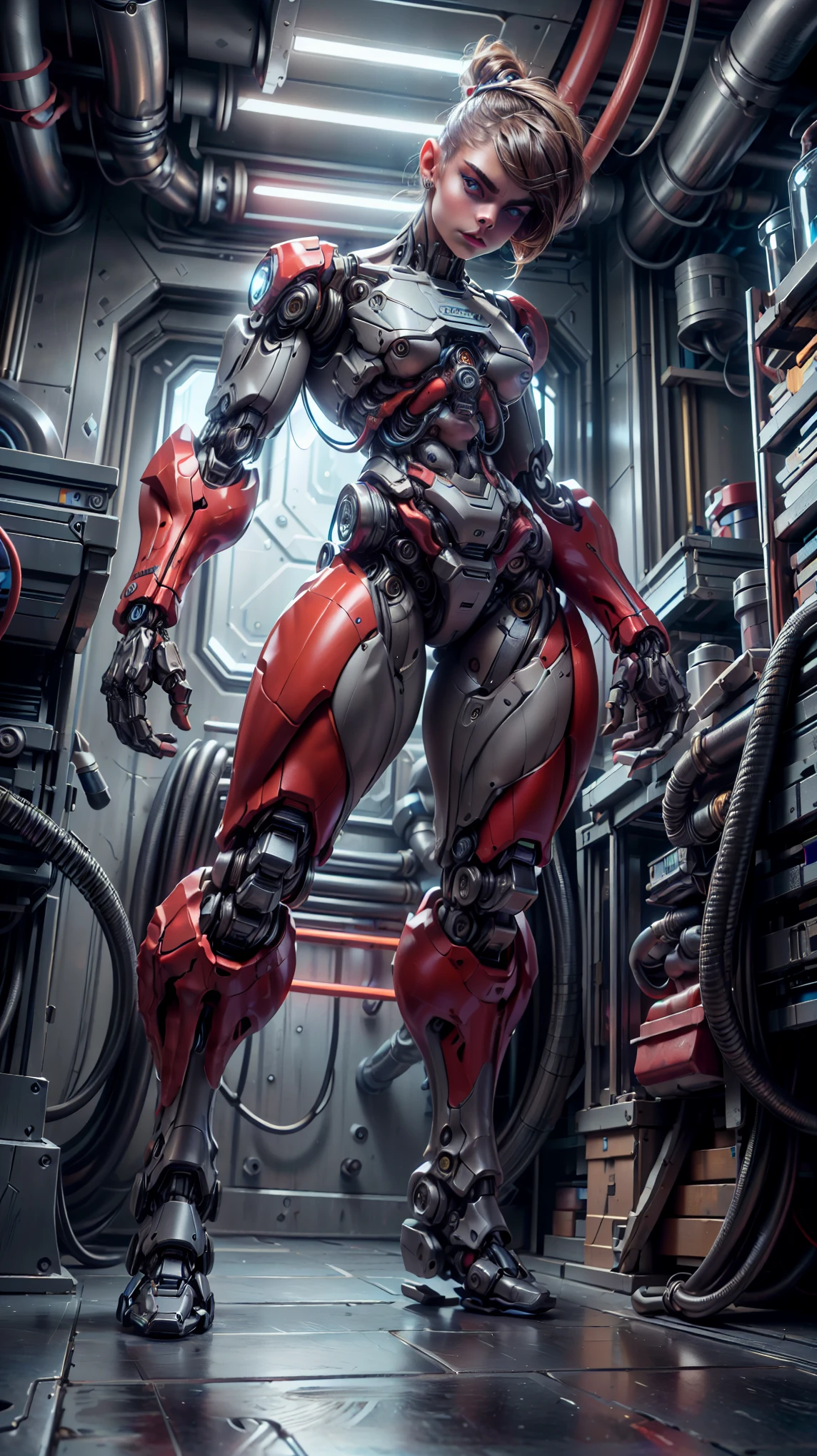 (1 girl), (beautiful cyborg queen looking at camera:1.25), (cara delevingne:1.25), (robotic mechanical physique:1.25), (full body pose:1.25), (covered in cables and mechanical muscles:1.25), (android muscular anatomy:1.25), (perfect fingers:1.25),(8k, RAW photo, photorealistic:1.25), sci fi atmosphere, futuristic Technopolis, alien landscape,