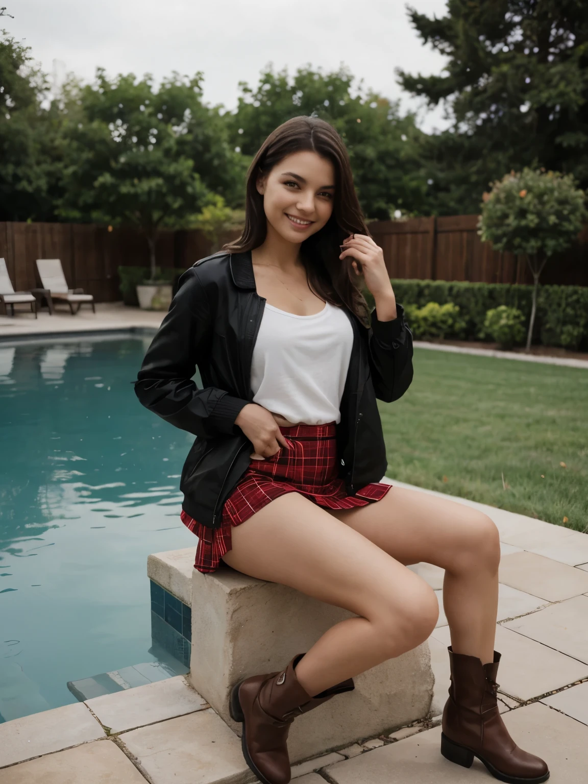A pretty smiling brunette with ankle boots skirt and jacket dark corridorrather sexy poolside