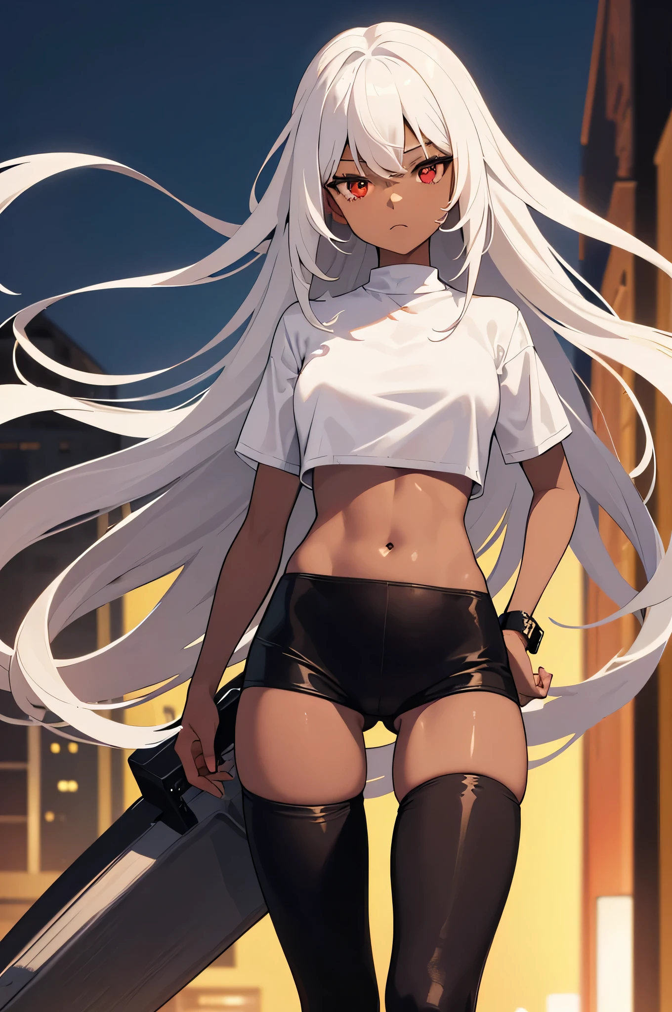((u can see her pantie straps visible coming from her short shorts)), ((whale tail)), leggings, (masterpiece), best quality, expressive eyes, perfect face, (masterpiece), best quality, expressive eyes, perfect face, masterpiece, super detailed, 4k quality, best quality, high resolution, hd quality, walking in downtown city area highly populated,looking backwards, crop top shirt, long white hair, red eyes, ((brown skin tone)), dark skinned, super long white hair, ((wearing black leggings)), non see through leggings, backside view, short shorts, thong strings on waist