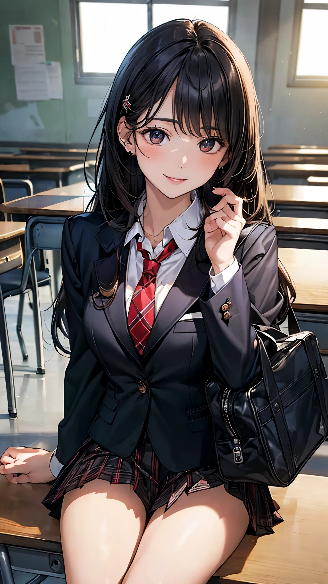 (masterpiece:1.2, top-quality), (realistic, photorealistic:1.4), beautiful illustration, (natural side lighting, movie lighting), 
looking at viewer, fullbody, 1 girl, japanese, high school girl, perfect face, cute and symmetrical face, shiny skin, babyface, 
(long hair, straight hair, hairpin, black hair), swept bangs, brown eyes, big eyes, drooping eyes, (middle breasts, seductive thighs, big ass), piercings, 
beautiful hair, beautiful face, beautiful detailed eyes, beautiful clavicle, beautiful body, beautiful chest, beautiful thigh, beautiful legs, beautiful fingers, 
(((black lined white cute blazer), black collared shirt, red plaid pleated miniskirt, red tie), black pantyhose), navy school bag, 
(beautiful scenery), evening, classroom, school desk, sitting school chair, (lovely smile, upper eyes),