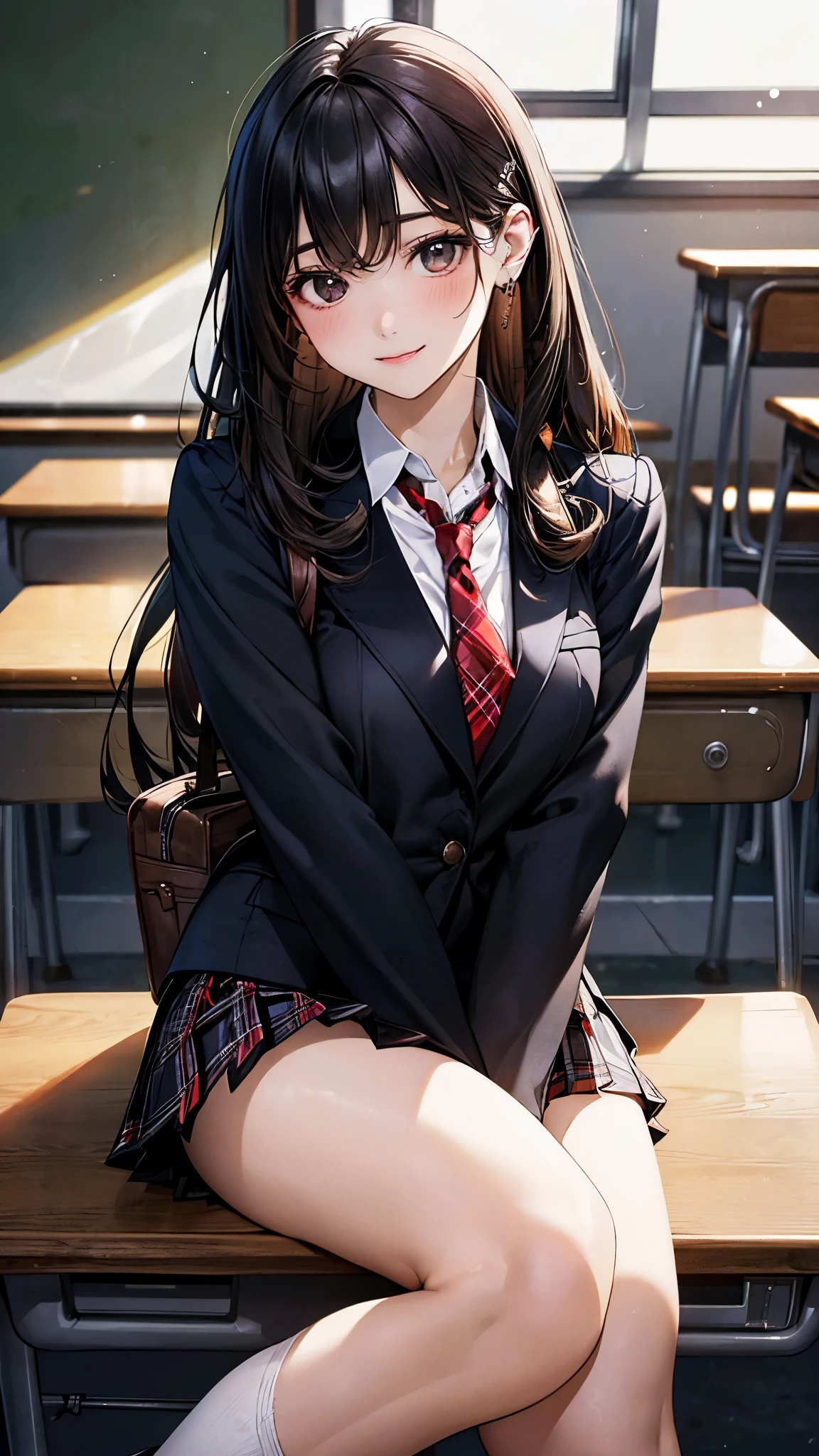 (masterpiece:1.2, top-quality), (realistic, photorealistic:1.4), beautiful illustration, (natural side lighting, movie lighting), 
looking at viewer, fullbody, 1 girl, japanese, high school girl, perfect face, cute and symmetrical face, shiny skin, babyface, 
(long hair, straight hair, hairpin, black hair), swept bangs, brown eyes, big eyes, drooping eyes, (middle breasts, seductive thighs, big ass), piercings, 
beautiful hair, beautiful face, beautiful detailed eyes, beautiful clavicle, beautiful body, beautiful chest, beautiful thigh, beautiful legs, beautiful fingers, 
(((black lined white cute blazer), black collared shirt, red plaid pleated miniskirt, red tie), black pantyhose), navy school bag, 
(beautiful scenery), evening, classroom, school desk, sitting school chair, (lovely smile, upper eyes),