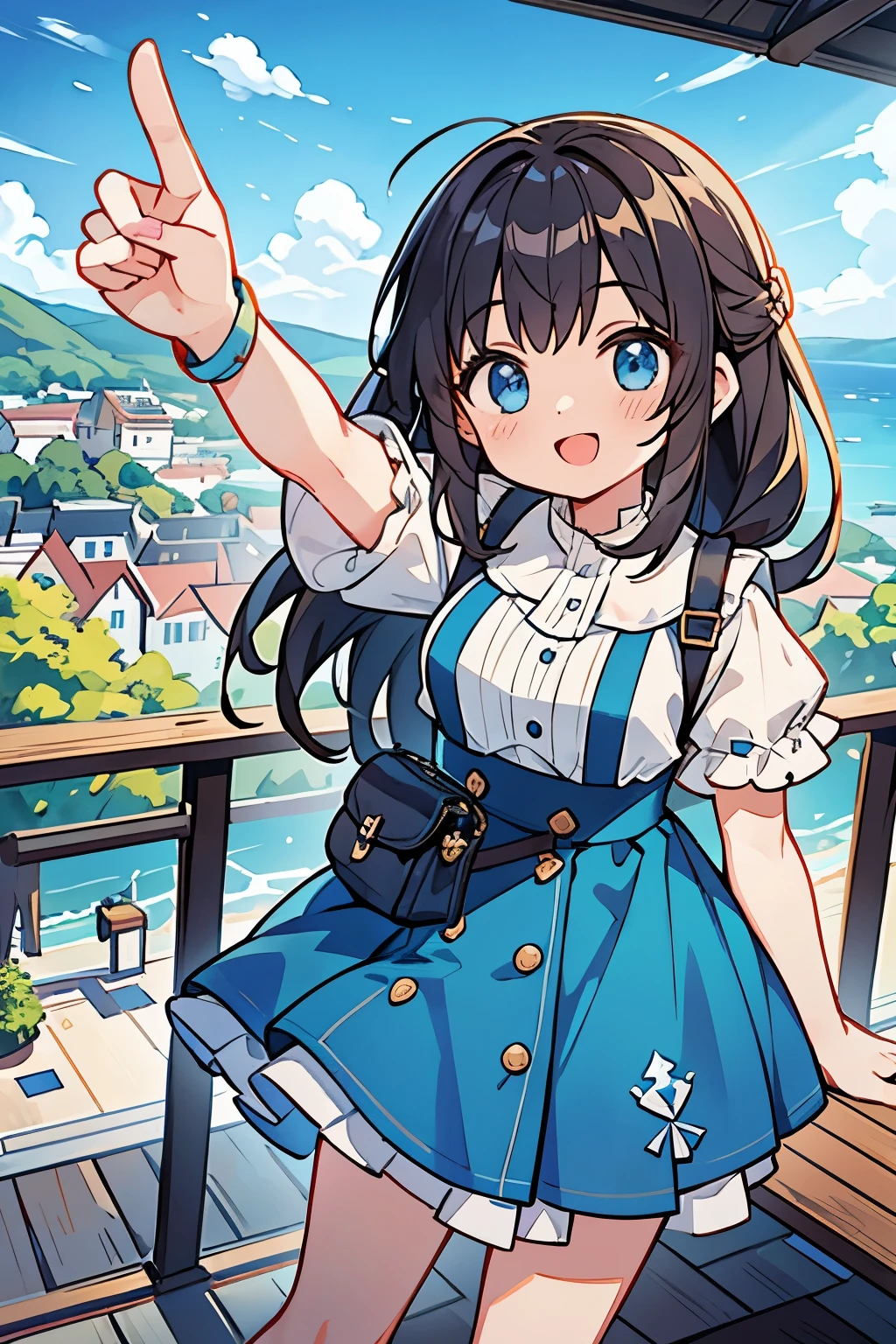 Girl taking a selfie at the observation deck on top of the mountain、You can see the sea and town in the distance、big smile