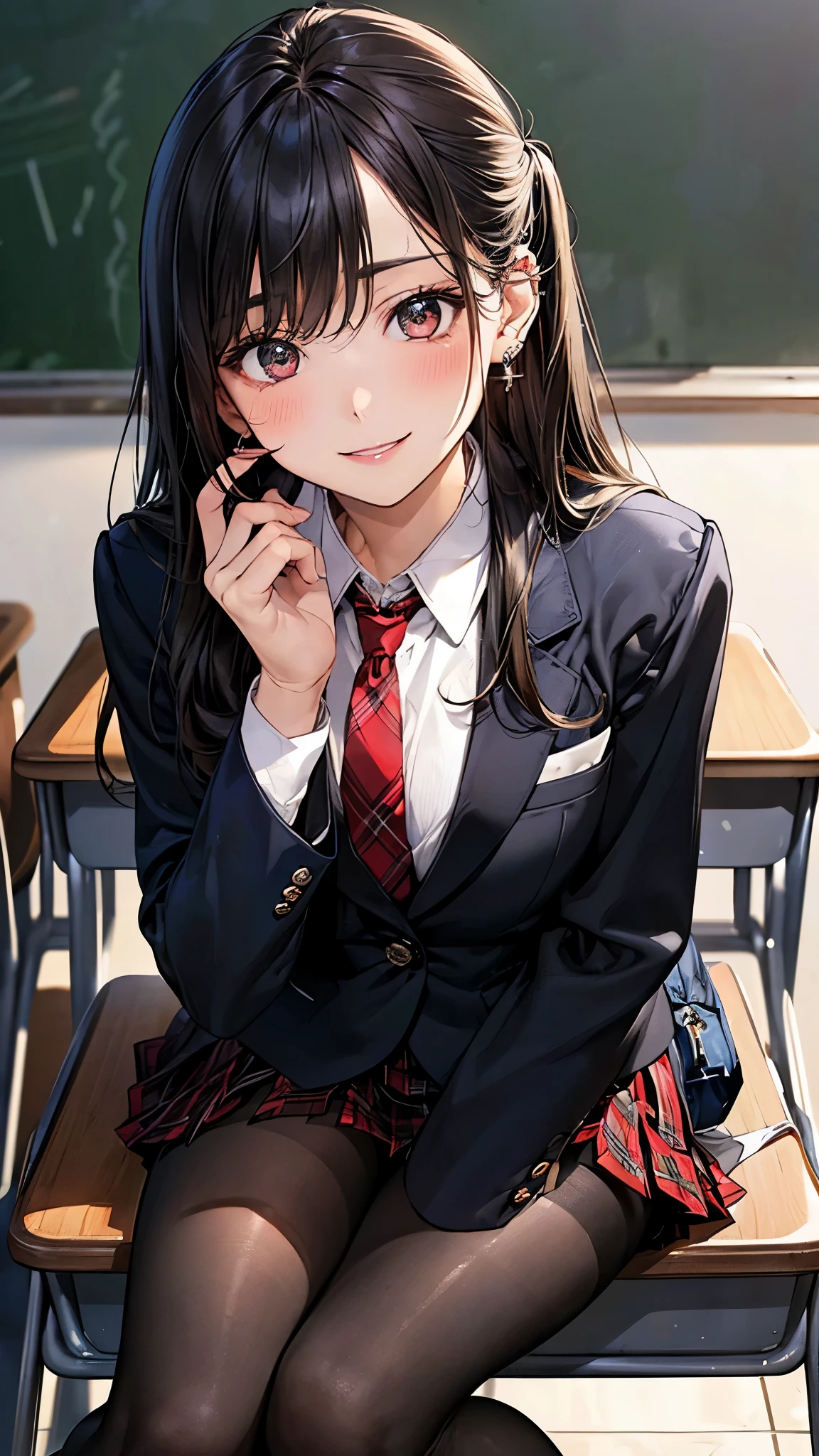 (masterpiece:1.2, top-quality), (realistic, photorealistic:1.4), beautiful illustration, (natural side lighting, movie lighting),
looking at viewer, fullbody, 1 girl, japanese, high school girl, perfect face, cute and symmetrical face, shiny skin, babyface,
(long hair, straight hair, hairpin, black hair), swept bangs, brown eyes, big eyes, drooping eyes, (middle breasts, seductive thighs, big ass), piercings,
beautiful hair, beautiful face, beautiful detailed eyes, beautiful clavicle, beautiful body, beautiful chest, beautiful thigh, beautiful legs, beautiful fingers,
(((black lined white cute blazer), black collared shirt, red plaid pleated miniskirt, red tie), black pantyhose), navy school bag,
(beautiful scenery), evening, classroom, school desk, sitting school chair, (lovely smile, upper eyes),