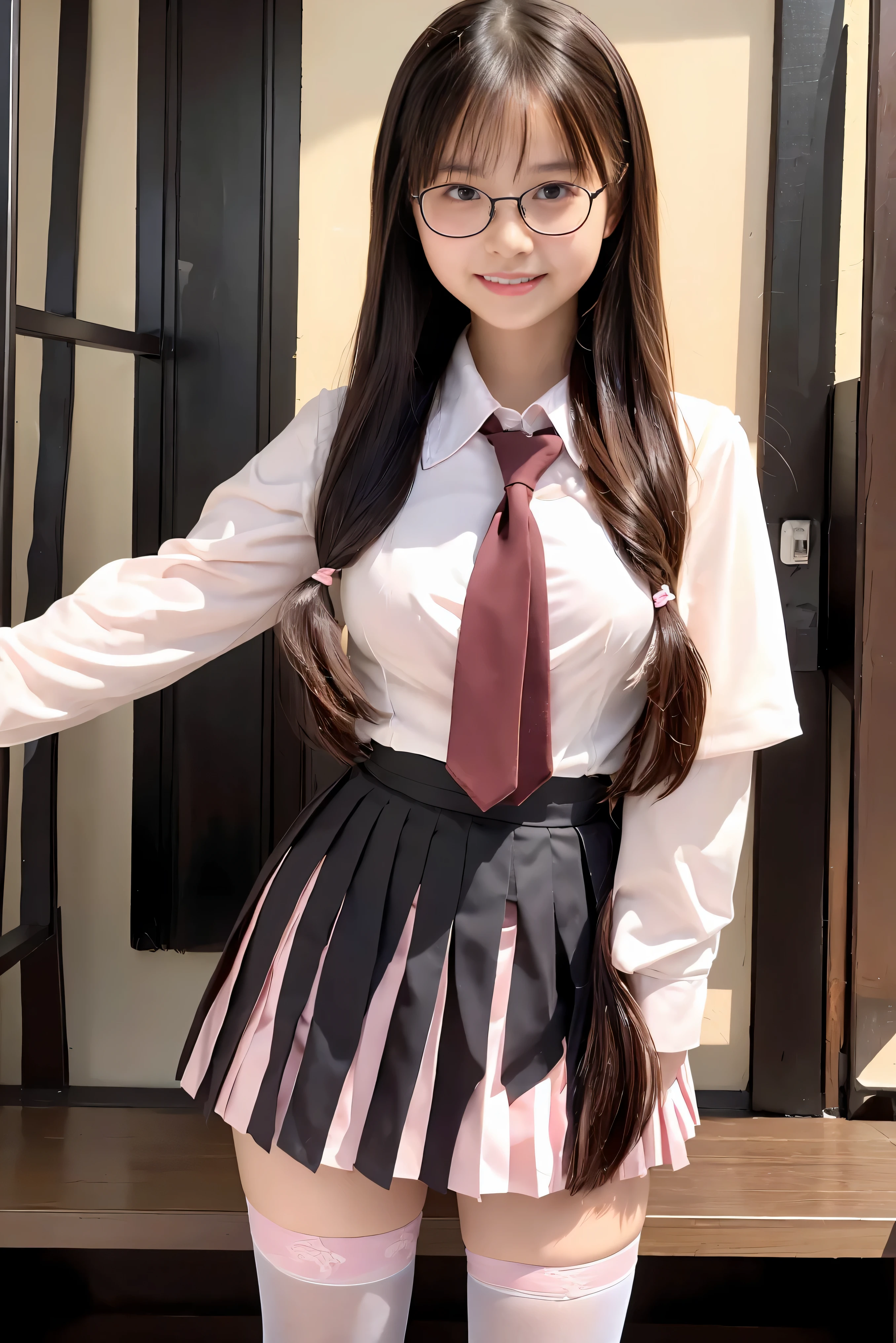 (Best Quality,4K,High resolution:1.2), Ultra-detailed, Realistic portrait, Best Quality, (outside japanese high school), (passionate scene),one very young looking high school girl, (intense emotion), (carp), (kiss:1.1), , (open eyes),(innocent look), student clothes, long black hair with bows and ribbons、Mini Pleated Skirt、(Stockings), open mouth, (very big breasts), lingerie, pigtails, thin tiny waist, black and pink marching band uniform with bow, having fun, , big brown eyes, big cute smile, (full body, perfect long legs, looking up staring into camera, far away), (very muscular lean abs, tight cropped blouse), (large round black rimmed glasses), (cat ears, thigh gap, sitting on school desk, legs spread open, tiny skinny body)