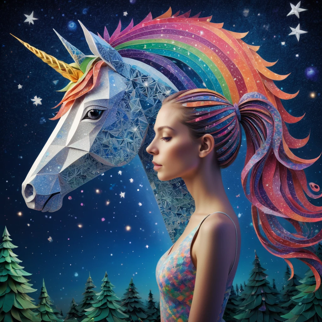 stunning ,"( woman:1.1)" and her "ponytailed (iluminated unicorn:1.2)", zentangle sky, origami forest, starry sky, sparkles in the sky, speed up, raimbow, fantasy, 3d crunch, cinematic, in the forest,