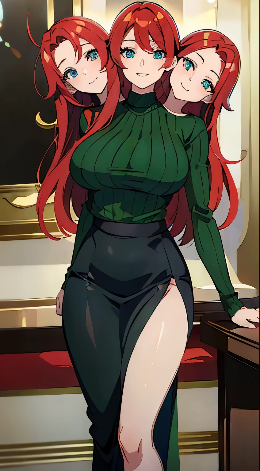 best quality, (masterpiece),(ultra-detailed), (high quality), (high resolution), (3heads:1.5) (red hair), ((green sweater)), best quality:1.5, highres, UHD, 4K), smiling,l, (black pants), detailed blue color eyes, (mature woman), casual dress, sexy proportions, Beautiful girl with accentuated slender abs, long legs, seductive woman, lustrous and smooth skin,