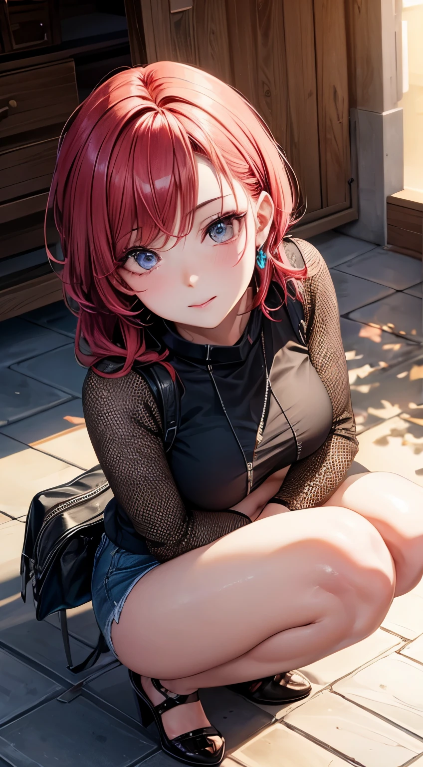 Woman, 30 years, makeup, happy, colored inner hair, cinematic lighting, bloom, dutch angle, UHD, masterpiece, textured skin, super detail, high quality