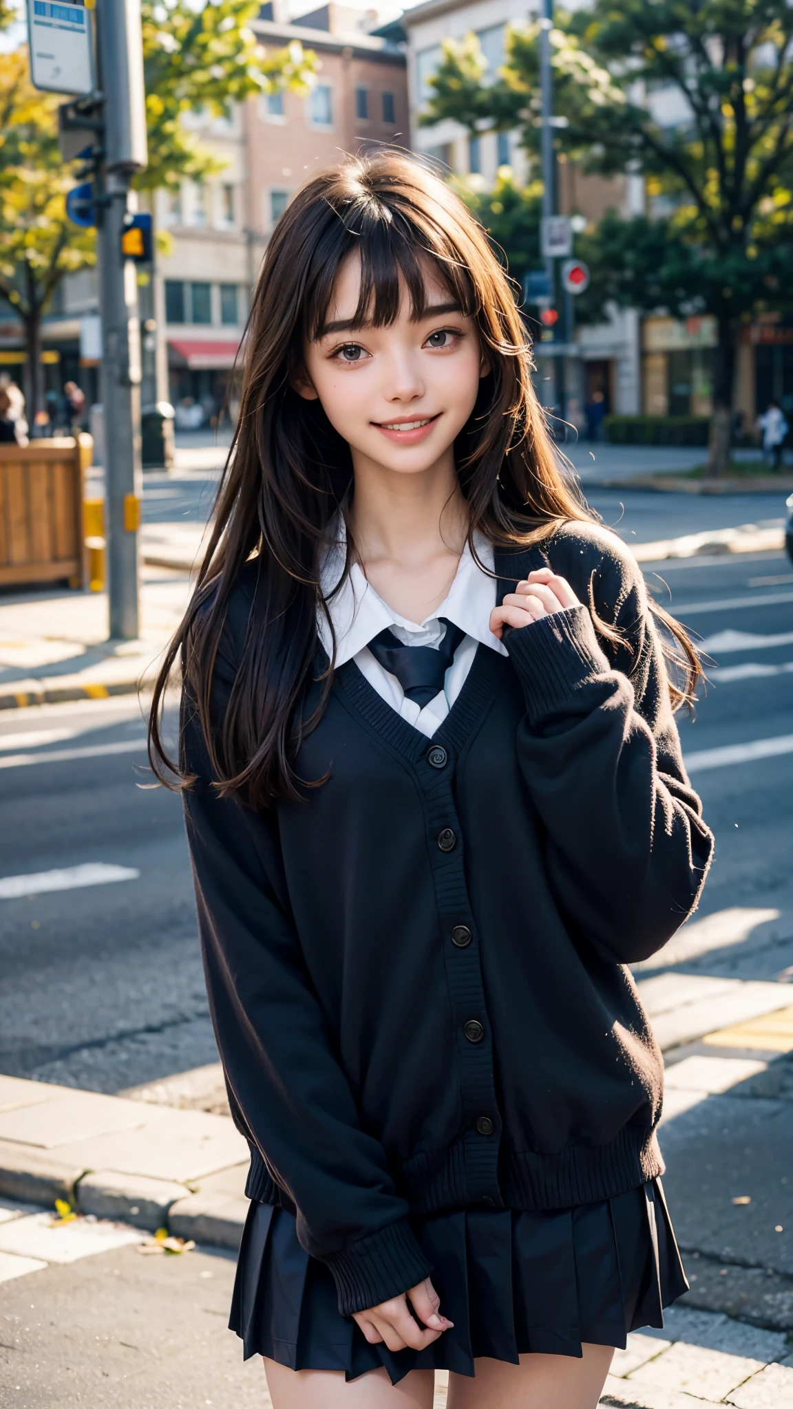highest quality, masterpiece, ultra high resolution, (realistic:1.4), (portrait facing each other) RAW photo, 1 girl, 18-year-old,slender body,small breasts,((winter school uniform)),((long hair with straight bangs)),((Hold out a cute box containing a gift to the viewer with both hands..)),((looking up at the viewer)),(blush),masterpiece, realistic pictures, saturation, contrast, ((small breasts)),((toothy smile)),