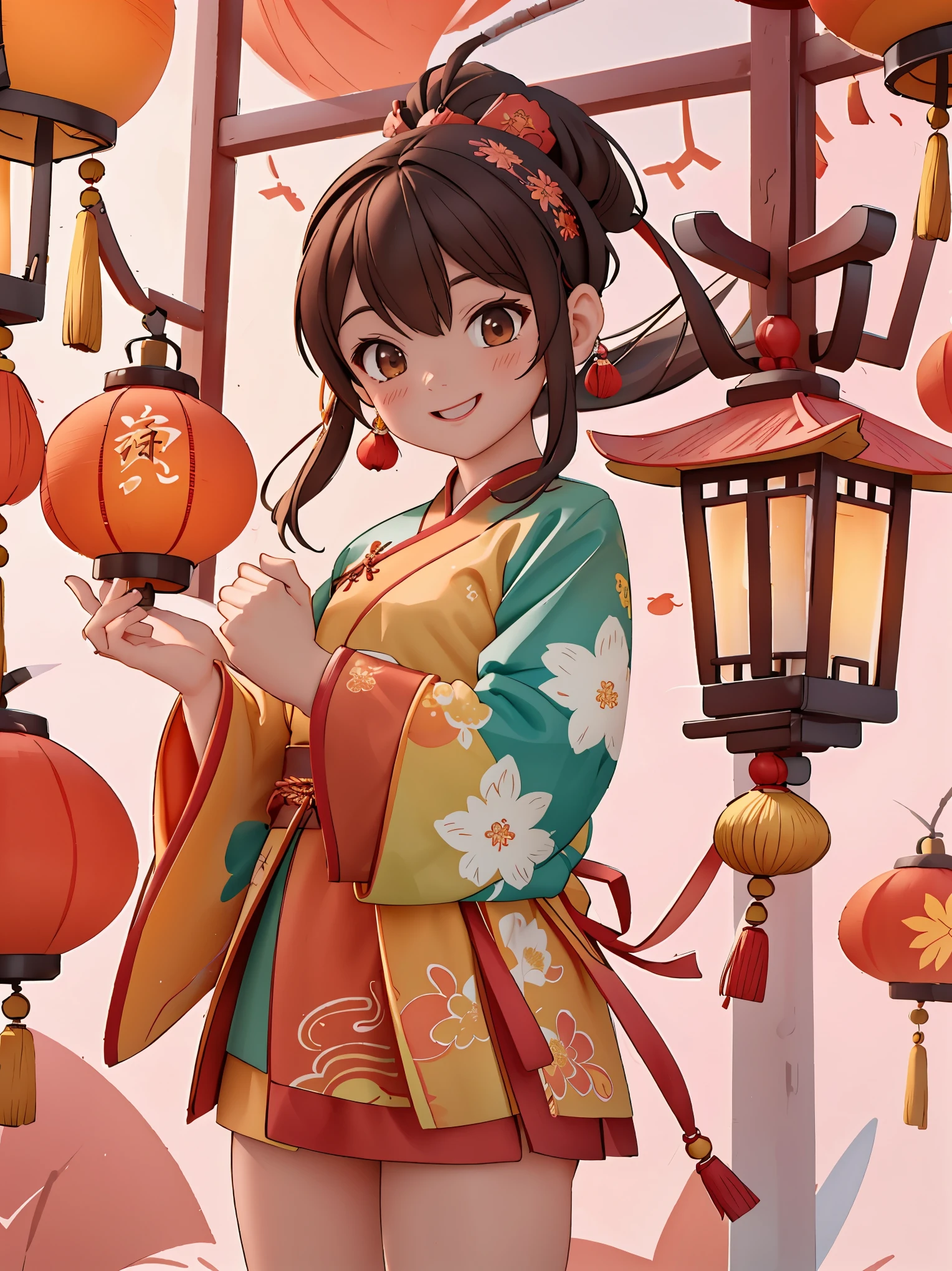 (masterpiece,quality,Best quality,official art,Beauty and aesthetics:1.2),(1 cute girl:1.3),alone,Brown double ponytail,hair accessories, (Chinese fabric:1.2), Hanfu,Smile,happy,Happy,CNY,Welcome the winter solstice,The content is very detailed,(fractal art:1.1),(a color:1.1)(Red carp swimming in the air:1.3),Big red lanterns hung high,( tangled:1.2), (dynamic poses), (abstract background:1.3), (skin glowing), (Many colors:1.2), Decorative painting:1.3,),light,ink画和ink画,ink,red background,
