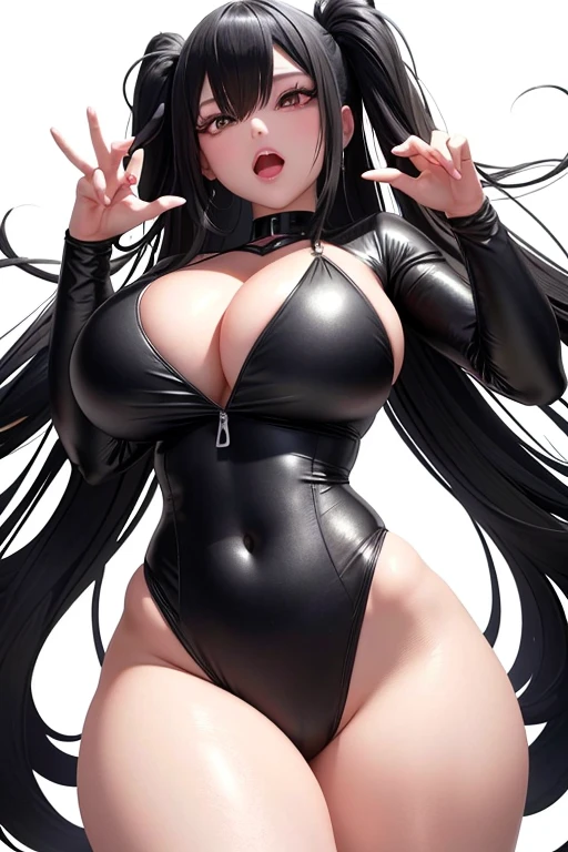 Bimbo anime character in slingshot swimsuit, showcasing gigantic breasts and ample cleavage, chiseled abs, and thick thighs. Black long hair cascading down in thick waves around his or her body. Ahegao expression adding a playful and cute twist, capturing the essence of this whimsical anime style. Full body shot taken from a low angle, showcasing every detail in ultra high definition and brilliant colors, creating a masterpiece of art (best quality: 1.0, ultra highres: 1.0).