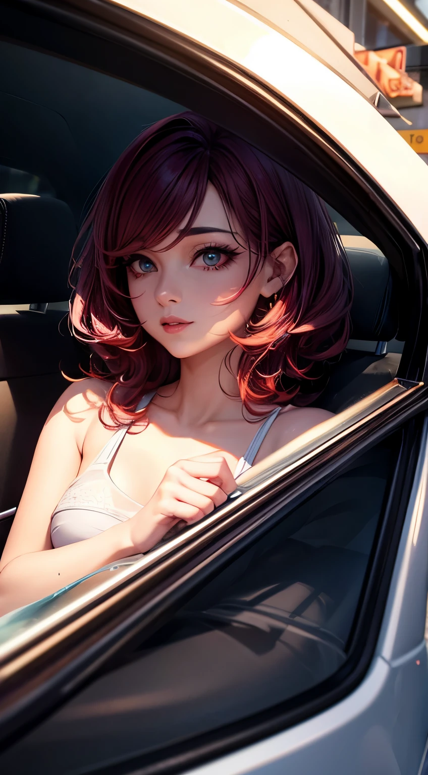 Woman, 30 years, makeup, happy, colored inner hair, cinematic lighting, bloom, dutch angle, UHD, masterpiece, textured skin, super detail, high quality