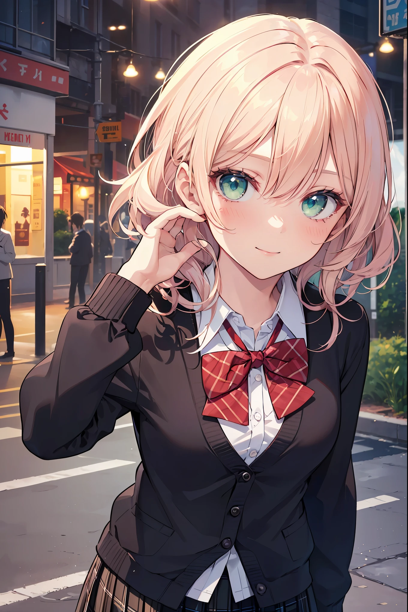 ((masterpiece, best quality, highres, UHD, perfect pixel, depth of field, 4k, RTX, HDR))), 1girl, single, solo, beautiful anime girl, beautiful artstyle, anime character, ((long hair, bangs, brown hair, curly hair:0.5)), ((green eyes:1.4, rounded eyes, beautiful eyelashes, realistic eyes)), ((detailed face, blushing:1.2)), ((smooth texture:0.75, realistic texture:0.65, photorealistic:1.1, anime CG style)), medium breasts, dynamic angle, perfect body, ((portrait, pov)), ((red bowtie, school uniform, black jacket, open jacket, brown cardigan, white shirt, black skirt, plaid skirt)), smile, hands up, amusement park