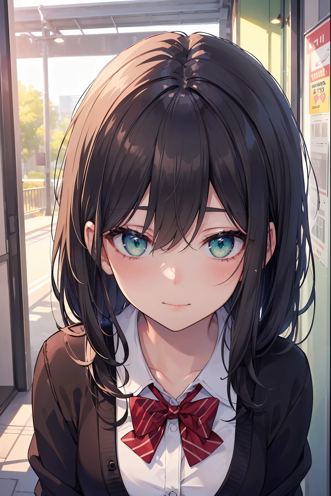 ((masterpiece, best quality, highres, UHD, perfect pixel, depth of field, 4k, RTX, HDR))), 1girl, single, solo, beautiful anime girl, beautiful artstyle, anime character, ((long hair, bangs, brown hair, curly hair:0.5)), ((green eyes:1.4, rounded eyes, beautiful eyelashes, realistic eyes)), ((detailed face, blushing:1.2)), ((smooth texture:0.75, realistic texture:0.65, photorealistic:1.1, anime CG style)), medium breasts, dynamic angle, perfect body, ((portrait, pov)), ((red bowtie, school uniform, black jacket, open jacket, brown cardigan, white shirt, black skirt, plaid skirt)), smile, hands up, amusement park