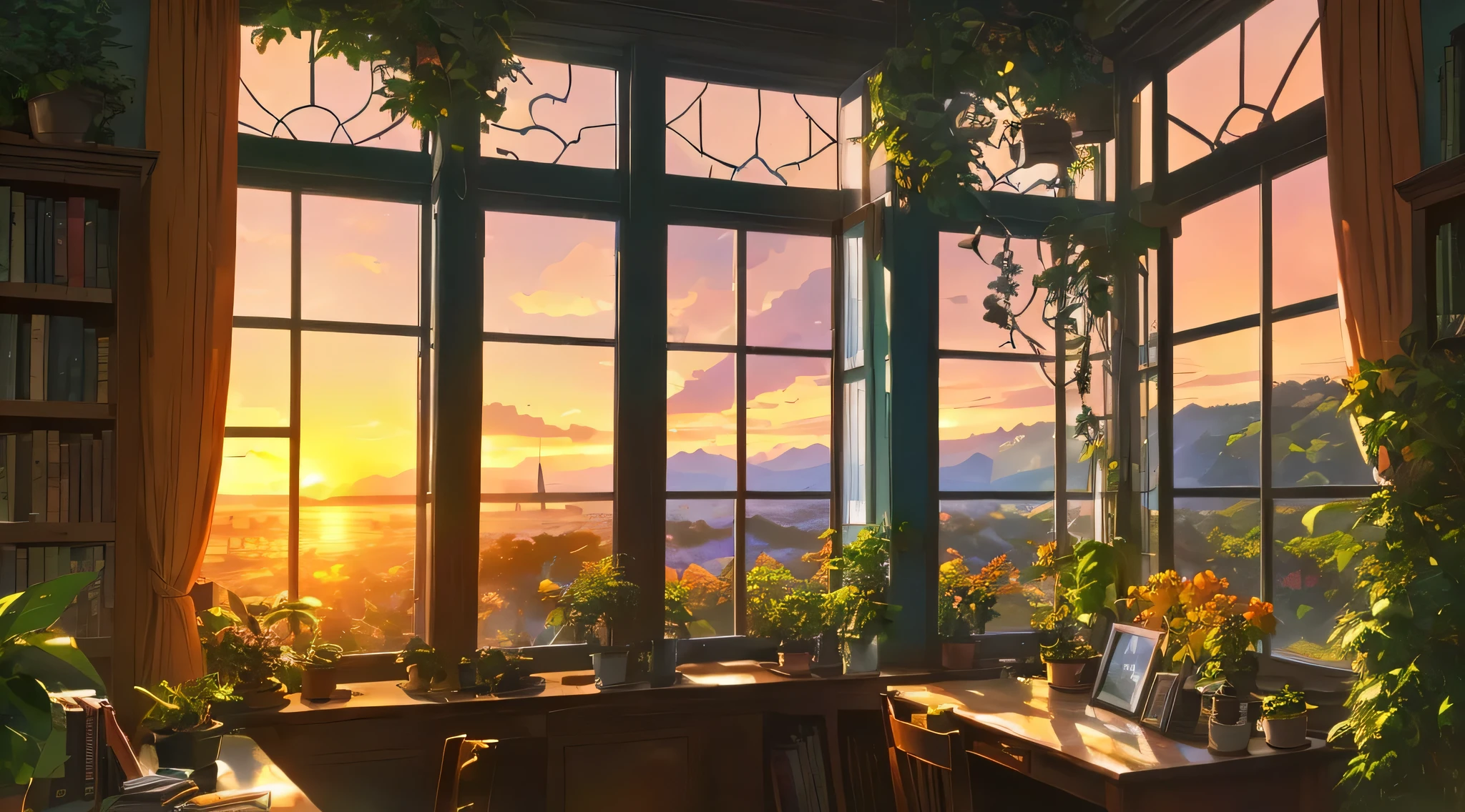 A super close-up shot of a large window full of plants and books、、Panoramic views of breathtaking natural scenery, evening, (sunset)

