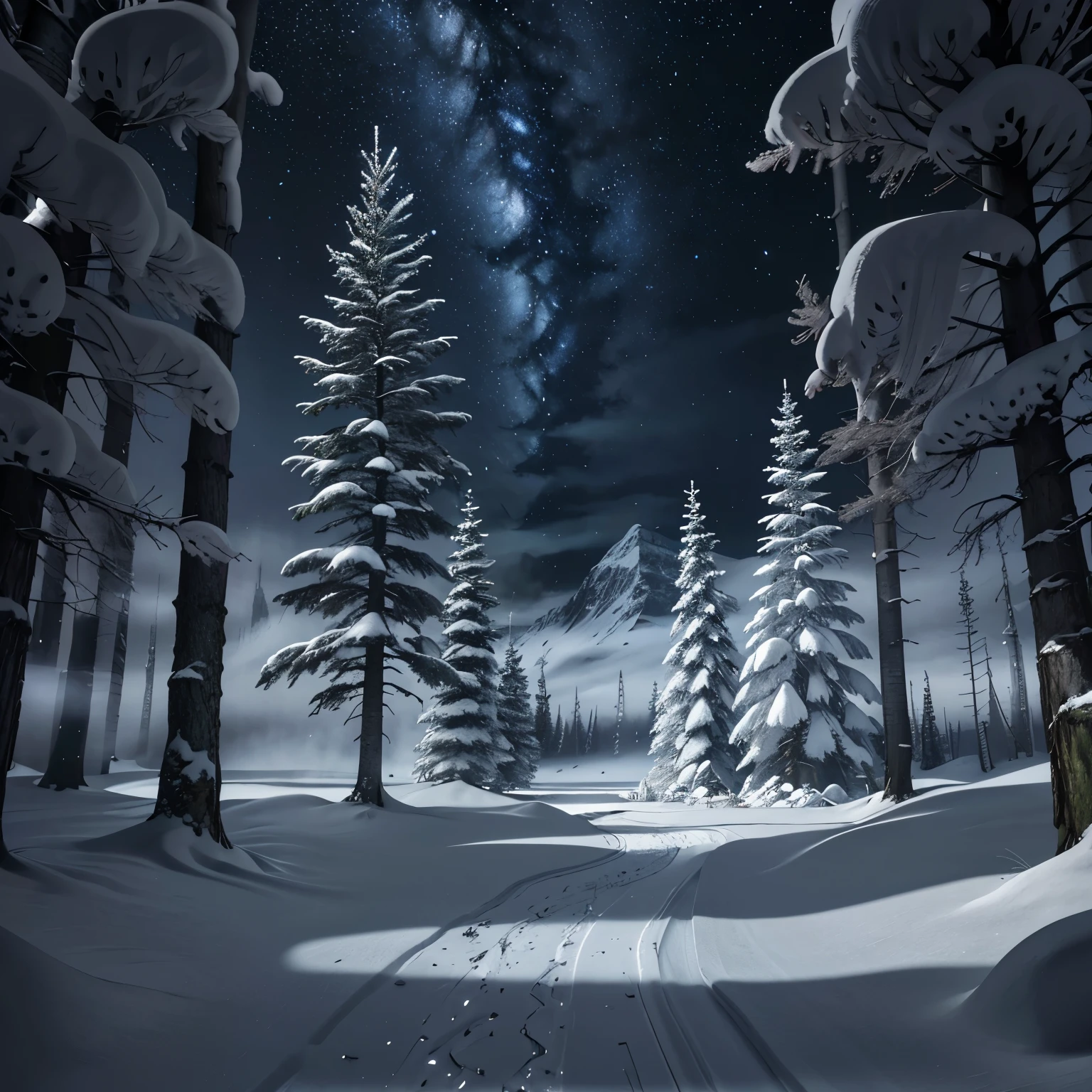 (best quality,4k,8k,highres,masterpiece:1.2),ultra-detailed,vivid colors,sharp focus,nighttime view of an expansive snowy forest,extremely cold weather,cool color palette with blue tones,distant view of mountains,serene and quiet atmosphere,detailed snow-covered trees with intricate branches,warm glow from scattered moonlight,crisp air and frosty breaths,tranquil and untouched snowy ground,distant sound of howling wind and occasional hoots of nocturnal creatures,distinct and sparkling stars in the dark sky,mystical aura enhanced by the dimly lit forest path,wisps of misty fog adding an air of mystery,tall and majestic pine trees perfectly framing the scene,silence broken only by the occasional crunch of footsteps on fresh snow,feeling a sense of peace and solitude,immersing in the beauty and vastness of nature