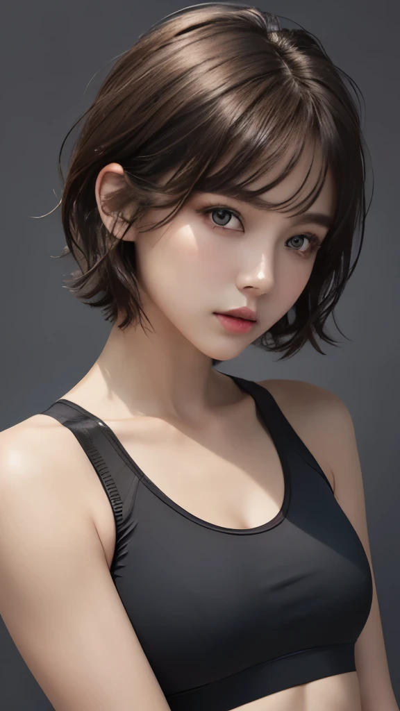 cinematic lighting、soft light、High resolution skin:1.2、realistic skin texture、30 year old mature woman、small face、no makeup、Bust B Cup、beautiful little brown eyes、short hair、dark brown hair、Cool beauty、Sexy behavior、sports bra、leggings、gray background