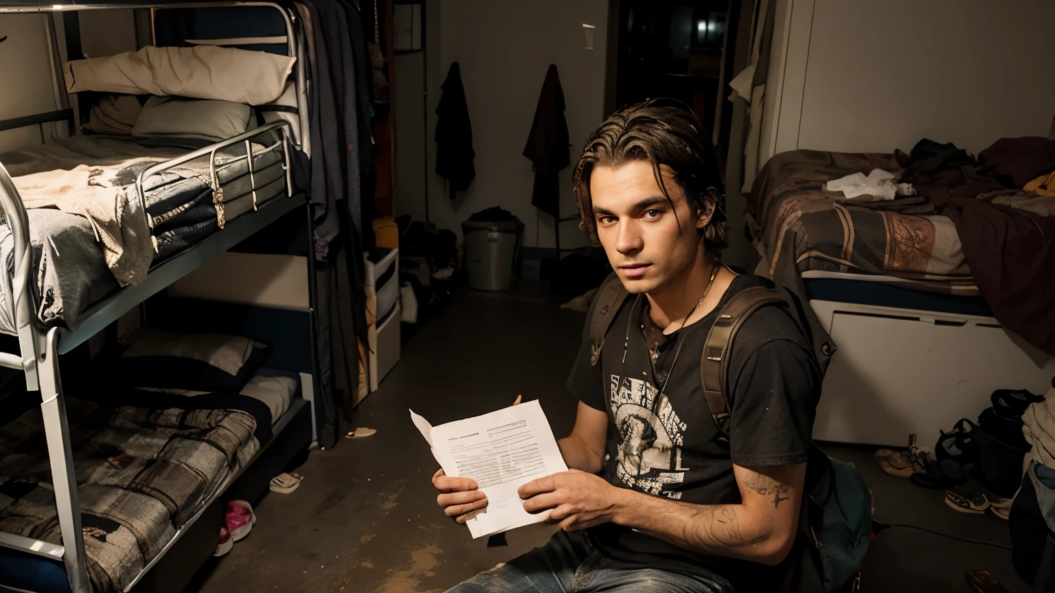 a picture to depict a men, backpacker, drug addict, oily hair, dirty clothes, in a hostel, showing a resume document in his hand, bunk bed in the background, aesthetic, light effect