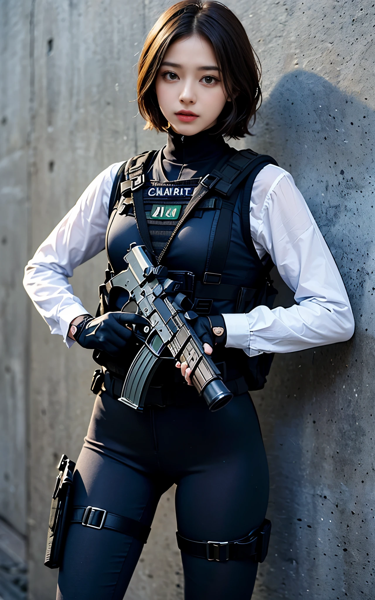 ((Best Quality, 8K, Masterpiece: 1.3)), ((best quality)), photorealistic, photorealism, Photorealistic, high resolution, 1girl aiming with an ak-47 assault rifle, Combat pose, looking at the camera, (Detailed face), short hair, (wearing red rubber suit, tactical vests, military harness, black gloves, high-tech headset), cloths color based on black dark blue), revealed thigh, Gun, Fingers are occluded, concrete wall background,