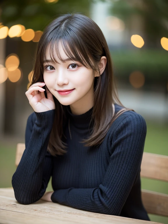 on the table, best quality, Realism, fine details, high resolution, 8k wallpaper, Perfect dynamic composition, Beautiful and delicate eyes, Medium straight hair, Casual and sexy pose,Random situation、Light black tight knit sweater、(Beautiful breasts protrude 1.3)、bright smile、Bokeh、Nature、25 years old、(droopy eyes 1.3)、adult beauty、Japanese