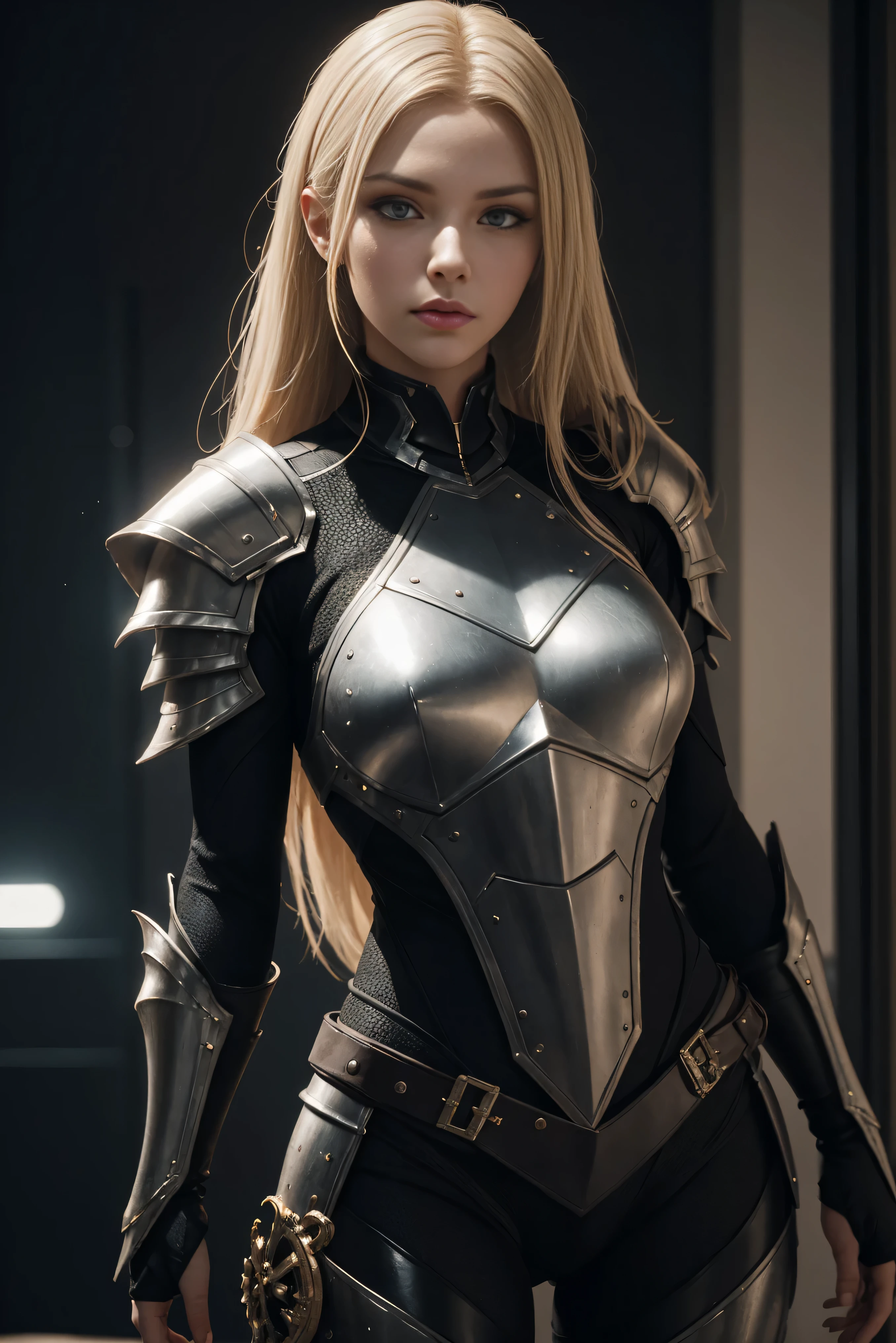 A young blonde, very beautiful girl with long hairs, (black:1. 3) armor, elegant pose, highly detailed, creepy, deadly face, sharp focus, ultra-realistic, concept art, highly detailed, photorealistic, octane render, unreal engine, depth of field, pentagon bokeh
