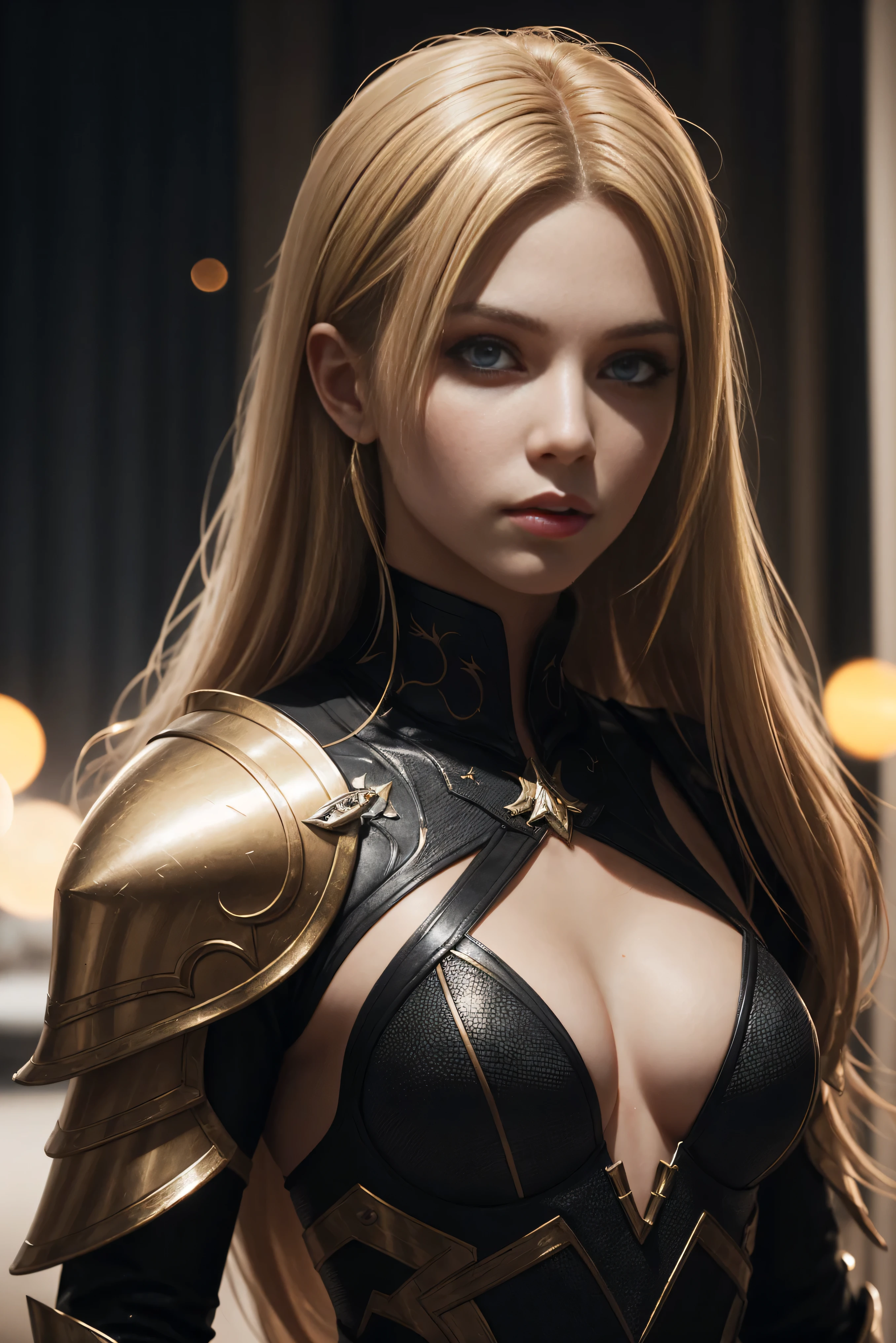 A young blonde, very beautiful girl with long hairs, (black:1. 3) armor, elegant pose, highly detailed, creepy, deadly face, sharp focus, ultra-realistic, concept art, highly detailed, photorealistic, octane render, unreal engine, depth of field, pentagon bokeh