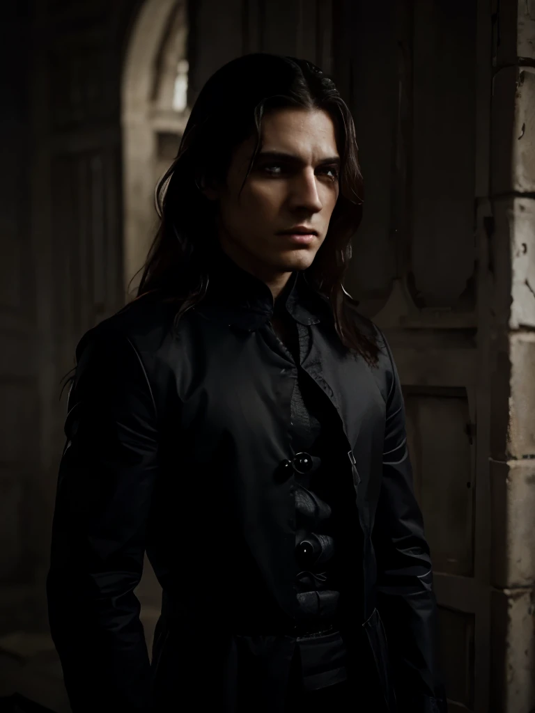 vestido de traje de sastre antiguo con Ojos grises, cabello oscuro corto, piel blanca. Con aspecto tenebroso. and gloomy., almost as if he were a demon in a dark environment and with an expression of hatred.