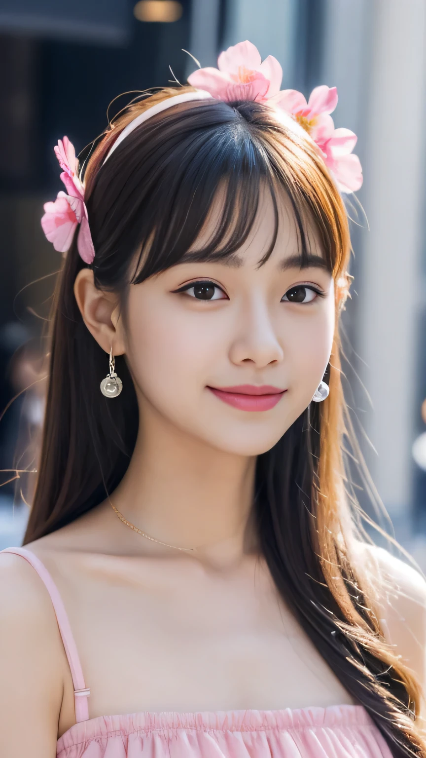 Walk the streets of the city, woman, bandeau dress, Wearing long gorgeous clothes, Wearing a long dress with pink flowers, cute couple, shopping, in the city, 非常に詳細な美少woman, highly detailed face, highly detailed eyes, highly detailed skin, highly detailed fingers, highly detailed nose, highly detailed mouth