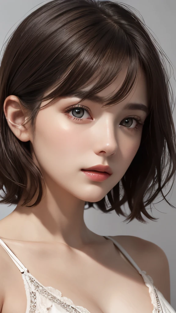 cinematic lighting、soft light、High resolution skin:1.2、realistic skin texture、30 year old mature woman、small face、no makeup、Bust B Cup、beautiful little brown eyes、short hair、dark brown hair、Cool beauty、gray background