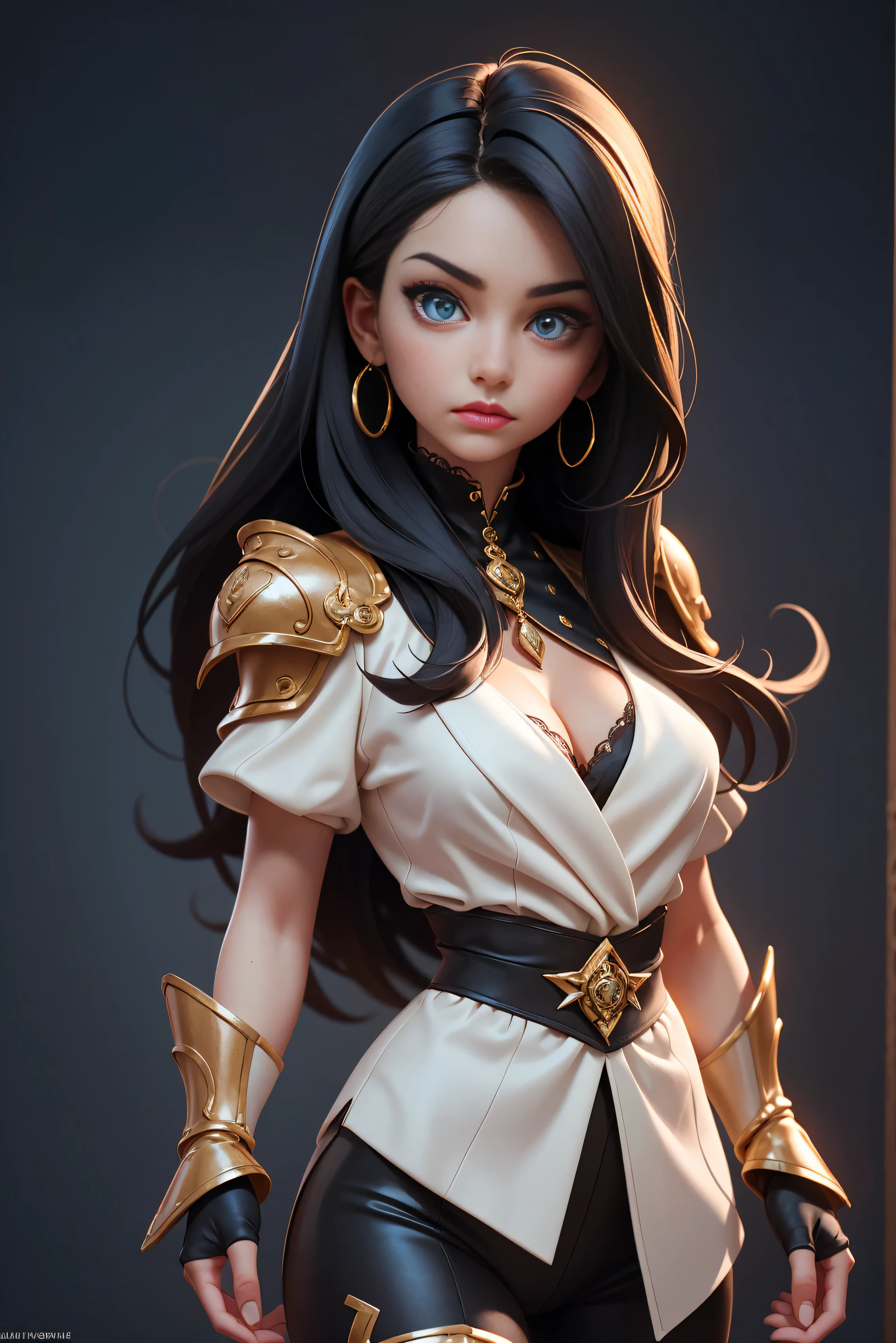 A young girl, very beautiful girl with long black hair, (black:1. 3) armor, elegant pose, highly detailed, creepy, deadly face, sharp focus, ultra-realistic, concept art, highly detailed, photorealistic, depth of field, cleavage, stockings, cute face, full body, blue eyes