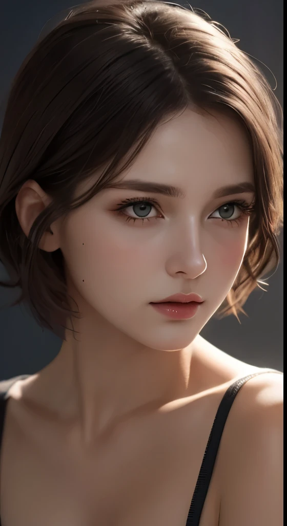 cinematic lighting、soft light、High resolution skin:1.2、realistic skin texture、30 year old mature woman、small face、no makeup、Bust B Cup、beautiful little brown eyes、short hair、dark brown hair、Cool beauty、gray background