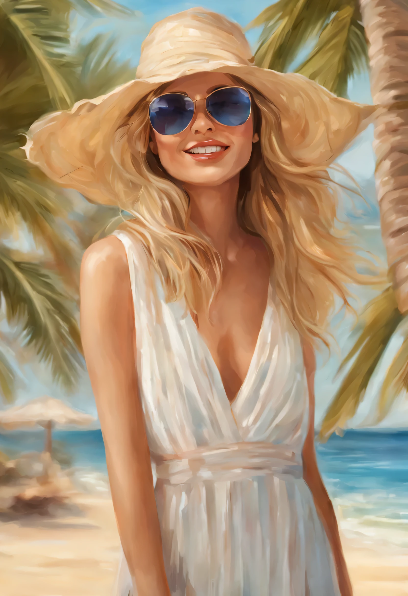 hermosa mujer sonriente con ojos azules en la playa,illustration,oil painting,Soft lighting,high resolution,ultra detallado,vivid colors,bokeh,paisaje de playa,Olas del mar,arena,conchas marinas,viento que fluye,palm trees swaying,suave luz del sol,brisa,ambiente relajante,vibras de verano,serene expression,escenario al aire libre,pelo rubio,sombrero de copa,Gafas de sol frescas,vestido fluido,belleza radiante
