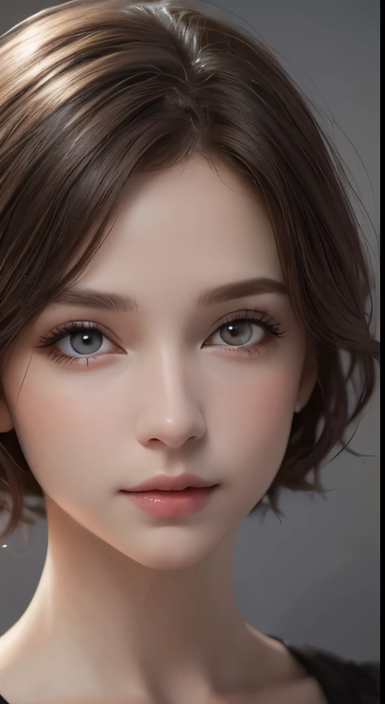 cinematic lighting、soft light、High resolution skin:1.2、realistic skin texture、30 year old mature woman、small face、no makeup、Bust B Cup、beautiful little brown eyes、short hair、dark brown hair、Cool beauty、gray background