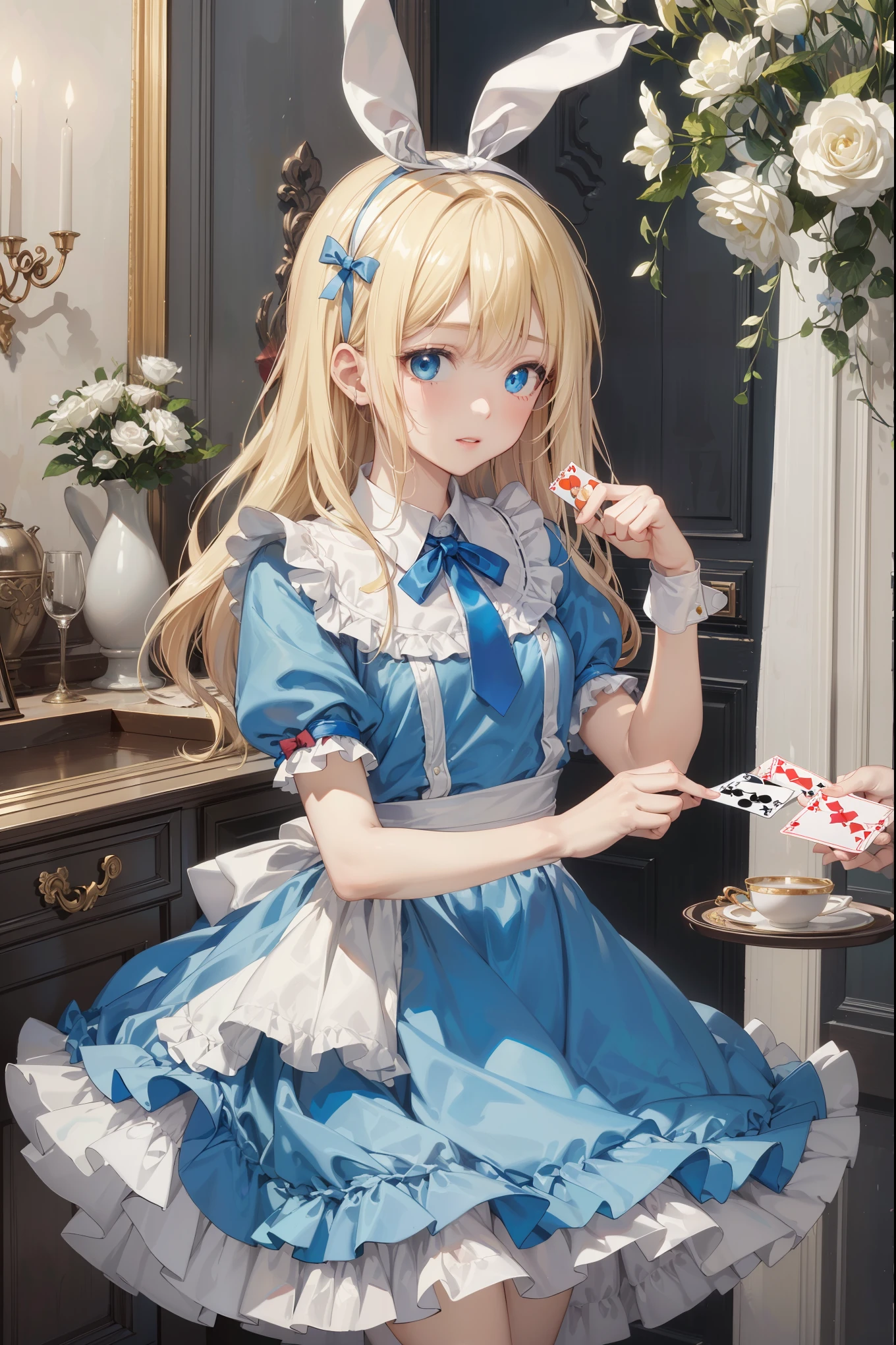 (Official art、Best Quality、Unity 8k Wallpapers、32K、​masterpiece、ultra-detailliert、超A high resolution)、Fantastical、((alice in the wonderland))、a blond、Tie your hair with a ribbon、Blue colored eyes、Blue Apron Dress、white sock、PlayingCards、bunny rabbit