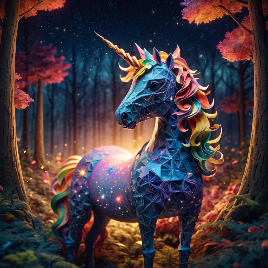 stunning "ponytailed (warm light unicorn:1.2)", zentangle sky, origami forest, starry sky, sparkles in the sky, speed up, raimbow, fantasy, 3d crunch, cinematic, in the forest,