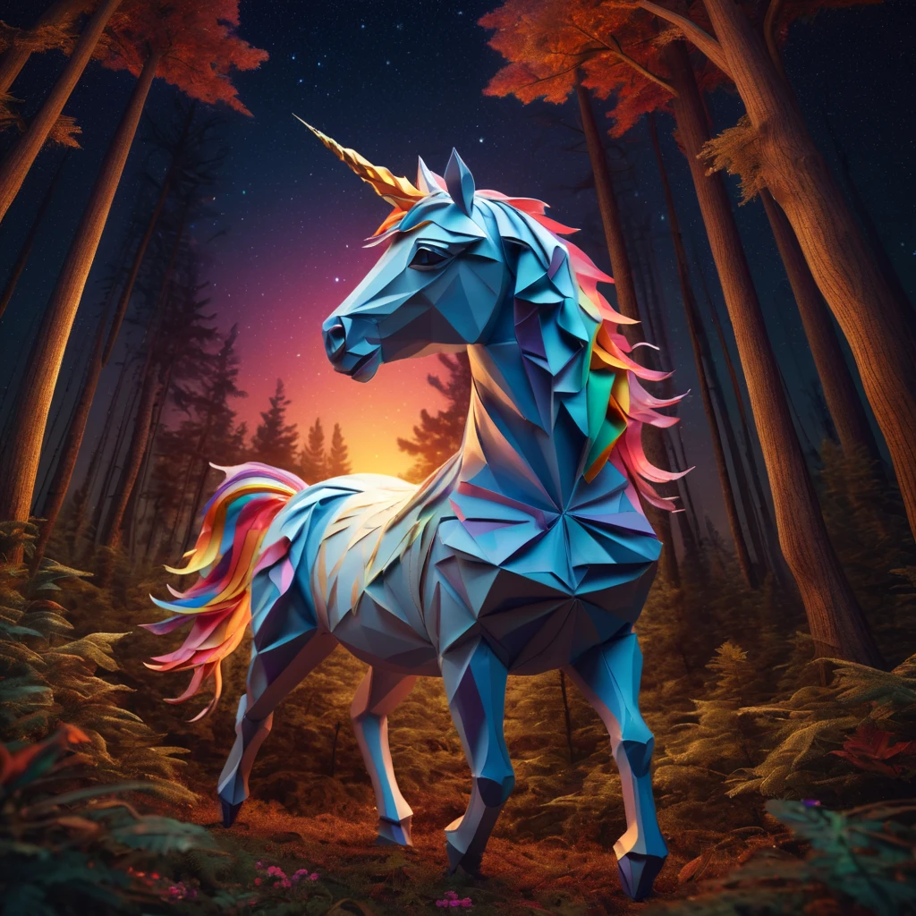 stunning  "ponytailed (warm light unicorn:1.2)", zentangle sky, origami forest, starry sky, sparkles in the sky, speed up, raimbow, fantasy, 3d crunch, cinematic, in the forest,