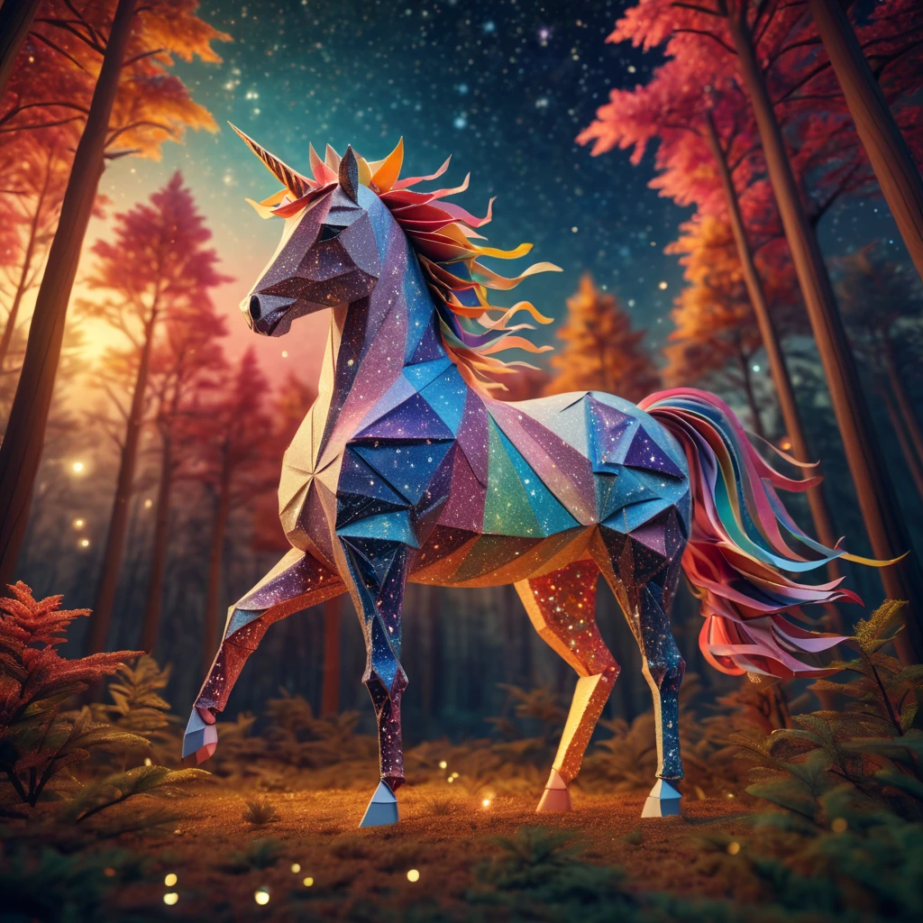 stunning  "ponytailed (warm light unicorn:1.2)", zentangle sky, origami forest, starry sky, sparkles in the sky, speed up, raimbow, fantasy, 3d crunch, cinematic, in the forest,