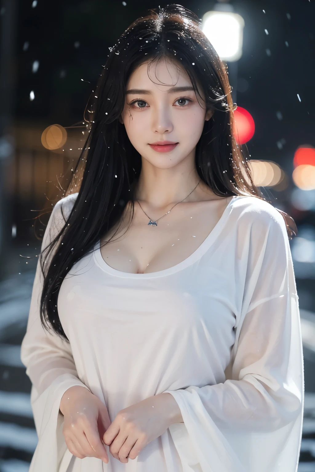 (top-quality,masterpiece:1.3,超A high resolution,),(ultra-detailliert,Caustics),(Photorealsitic:1.4,RAW shooting,)Ultra-realistic capture,A highly detailed,high-definition16Kfor human skin、(Large breast) ((Jewelry)) ,Hair ornament , Necklace ,Skin texture is natural、、The skin looks healthy with an even tone、 Use natural light and color,One 25 years old , random hair style , white body press t-shirt, tight_shirt, (smile:1.2), city street, (photorealistic:1.2), (ultra realistic:1.3), (very detailed:1.1), ((masterpiece)), super big round breast, mega big under tshirt, large breasts , ((wet thin clothes)) , (( wet body )) ,japanes,,kawaii,A dark-haired,Middle hair,(depth of fields、chromatic abberation, Wide range of lighting、Natural Shading、)、(Exterior light at night:1.4)、(Falling snow:1.3)、(Hair swaying in the wind:1.2)、(Light reflecting snow:1.0) ,full mood expression , camera from drone